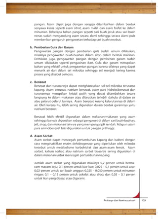 pangan. Asam dapat juga dengan sengaja ditambahkan dalam bentuk 
senyawa kimia seperti asam sitrat, asam malat dan asam fosfat ke dalam 
minuman. Beberapa bahan pangan seperti sari buah jeruk atau sari buah 
nenas sudah mengandung asam secara alami sehingga secara alami pula 
memberikan pengaruh pengawetan terhadap sari buah tersebut. 
Prakarya dan Kewirausahaan 129 
b. Pemberian Gula dan Garam 
Pengawetan pangan dengan pemberian gula sudah umum dilakukan, 
misalnya pengawetan buah-buahan dalam sirop dalam bentuk manisan. 
Demikian juga, pengawetan pangan dengan pemberian garam sudah 
umum dilakukan seperti pengasinan ikan. Gula dan garam merupakan 
bahan yang efektif untuk pengawetan pangan karena sifatnya yang dapat 
menarik air dari dalam sel mikroba sehingga sel menjadi kering karena 
proses yang disebut osmosis. 
c. Benzoat 
Benzoat dan turunannya dapat menghancurkan sel-sel mikroba terutama 
kapang. Asam benzoat, natrium benzoat, asam para hidroksibenzoat dan 
turunannya merupakan kristal putih yang dapat ditambahkan secara 
langsung ke dalam makanan atau dilarutkan terlebih dahulu di dalam air 
atau pelarut-pelarut lainnya. Asam benzoat kurang kelarutannya di dalam 
air. Oleh karena itu, lebih sering digunakan dalam bentuk garamnya yaitu 
natrium benzoat. 
Benzoat lebih efektif digunakan dalam makanan-makanan yang asam 
sehingga banyak digunakan sebagai pengawet di dalam sari buah-buahan, 
jeli, sirop, dan makanan lainnya yang mempunyai pH rendah. Adapun asam 
para aminobenzoat bias digunakan untuk pangan pH tinggi. 
d. Asam Sorbat 
Asam sorbat dapat mencegah pertumbuhan kapang dan bakteri dengan 
cara menginaktifkan enzim dehidrogenase yang diperlukan oleh mikroba 
tersebut untuk metabolisme karbohidrat dan asam-asam lemak. Asam 
sorbet, kalium sorbat, atau natrium sorbet biasanya sering digunakan di 
dalam makanan untuk mencegah pertumbuhan kapang. 
Jumlah asam sorbat yang digunakan misalnya 0,2 persen untuk berma-cam- 
macam keju; 0,1 persen untuk kue-kue; 0,025 – 0,1 persen untuk acar; 
0,02 persen untuk sari buah anggur; 0,025 – 0,050 persen untuk minuman 
ringan; 0,1 – 0,15 persen untuk cokelat atau sirop; dan 0,05 – 0,1 persen 
untuk ikan yang diasap atau digarami. 
 