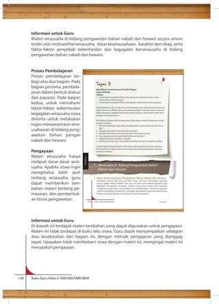 Informasi untuk Guru 
Materi wirausaha di bidang pengawetan bahan nabati dan hewani secara umum 
terdiri atas motivasil berwirausaha, dasar kewirausahaan, karakter dan sikap, serta 
faktor-faktor penyebab keberhasilan dan kegagalan berwirausaha di bidang 
pengawetan bahan nabati dan hewani. 
Proses Pembelajaran 
Proses pembelajaran ter-bagi 
atas dua bagian. Pada 
bagian pertama, pembela-jaran 
dalam bentuk diskusi 
dan paparan. Pada bagian 
kedua, untuk memahami 
faktor-faktor keberhasilan 
kegagalan wirausaha siswa 
diminta untuk melakukan 
tugas mewawancarai wira-usahawan 
di bidang peng-awetan 
bahan pangan 
nabati dan hewani. 
Pengayaan 
Materi wirausaha hanya 
meliputi dasar-dasar wira-usaha. 
Apabila siswa ingin 
mengetahui lebih jauh 
tentang wirausaha, guru 
dapat memberikan tam-bahan 
materi tentang pe-masaran, 
dan pembentuk-an 
bisnis pengawetan. 
176 Kelas X SMA/SMK/MA/MAK Semester 1 
Informasi untuk Guru 
Di bawah ini terdapat materi tambahan yang dapat digunakan untuk pengayaan. 
Materi ini tidak terdapat di buku teks siswa. Guru dapat menyampaikan sebagian 
atau keseluruhan dari bagian ini, dengan metode pengajaran yang dianggap 
tepat. Upayakan tidak membebani siswa dengan materi ini, mengingat materi ini 
merupakan pengayaan. 
138 Buku Guru Kelas X SMA/MA/SMK/MAK 
F. Wirausaha di Bidang Pengawetan Bahan 
Nabati dan Hewani 
1. Dasar Kewirausahaan Pengawetan Bahan Nabati dan Hewani 
Wirausaha berasal dari kata wira dan usaha. Arti kata wira adalah pejuang, 
utama, gagah, berani, teladan, dan jujur. Arti kata usaha adalah kegiatan yang 
dilakukan. Pengertian wirausaha adalah orang yang pandai atau berbakat 
mengenali produk baru, menentukan cara produksi baru, menyusun kegiatan 
untuk mengadakan produk baru, mengatur permodalan serta memasarkannya. 
Pelaku wirausaha disebut wirausahawan atau entrepreneur. 
Pengolahan 
Tugas 5 
Tugas Individu 
Tujuan: 
mengemas produk pangan. 
Pada keseharian kita, sering menemui berbagai jenis makanan dan minuman 
dalam kemasan. Pilihlah satu jenis produk pangan (makanan atau minuman) 
dalam kemasan. Usahakan kemasan produk pangan yang dipilih tidak sama 
dengan teman sekelasmu. 
Perhatikan dengan baik kemasan yang digunakan untuk mengemas produk 
pangan tersebut. 
1. Kemasan golongan apa saja yang digunakan pada produk pangan terse-but? 
2. Apakah jenis bahan dari kemasan tersebut? 
3. Apakah menurutmu kemasan tersebut memenuhi syarat? 
4. Apa saja yang tertera pada label kemasan tersebut? 
5. Apakah kemasan tersebut menarik? 
6. Berikan komentar dan saran kalian terhadap kemasan pangan tersebut. 
Catatan hasil pengamatanmu, baik dalam bentuk tulisan maupun gambar. 
Presentasikan di depan kelas hasil pengamatan dan pendapatmu tentang 
kemasan tersebut. 
 