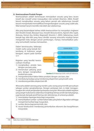 G. Kewirausahaan Produk Pangan 
Kewirausahaan adalah kemampuan menciptakan sesuatu yang baru secara 
kreatif dan inovatif untuk mewujudkan nilai tambah (Overton, 2002). Kreatif 
berarti menghasilkan sesuatu yang belum pernah ada sebelumnya. Inovatif 
berarti memperbaiki/memodikasi/mengembangkan sesuatu yang sudah ada. 
Nilai tambah berarti memiliki nilai lebih dari sebelumnya. 
Ada yang berpendapat bahwa istilah kewirausahaan itu merupakan singkatan 
dari: Kreatif, Enerjik, Wawasan luas, Inovatif, Rencana bisnis, Agresif, Ulet, Supel, 
Antusias, Hemat, Asa, Ambisi, Negosiatif. (Anonim 1, 2005). Sebenarnya, masih 
banyak lagi sifat-sifat yang harus dimiliki seorang wirausaha misalnya berani 
mengambil risiko dengan penuh perhitungan, mampu memanfaatkan pelu-ang, 
komunikatif, mampu memasarkan. 
Dalam berwirausaha, beberapa 
model usaha yang banyak ber-kembang 
di Indonesia sangat 
beragam, seperti pada Gambar 
3.11 
Kegiatan yang bersifat kewira-usahaan 
misalnya: 
1) menghasilkan produk baru 
dengan cara baru pula, 
2) menemukan peluang pasar 
baru dengan menghasilkan 
produk baru pula, 
3) mengombinasikan faktor-faktor produksi dengan cara baru, dan 
4) mendukung budaya yang mendorong eksperimen yang kreatif, serta 
5) mendorong perilaku eksperimen dll. 
Wirausaha adalah seorang yang mandiri, yaitu orang yang memilki perusahaan 
sebagai sumber penghasilannya. Dengan perkataan lain, ia tidak menggan-tungkan 
diri untuk penghasilannya kepada orang lain. Wirausaha adalah kegiatan 
yang sangat mulia karena selain bisa menghidupi dirinya sendiri dan keluarganya, 
juga banyak dampak positif lainnya dari aktivitasnya, di antaranya adalah: 
1) menciptakan lapangan kerja bagi masyarakat, 
2) memanfaatkan sumber- sumber bahan baku yang belum digunakan sehingga 
menjadi bermanfaat bagi masyarakat, 
3) sumber devisa bagi pemerintah, dan 
4) secara keseluruhan mendorong pertumbuhan ekonomi dan kesejahteraan 
masyarakat. 
144 Buku Guru Kelas X SMA/MA/SMK/MAK 
DEVELOPMENT 
USAHA KECIL 
ONE MAN ENTERPRISE 
FAMILY ENTERPRISE 
SMALL SCALE ENTERPRISE 
MEDIUM SCLAE ENTERPRISE 
BIG SCALE ENTERPRISE 
Gambar 3.11 Beberapa skala usaha di Indonesia 
 
