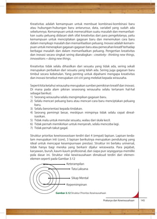 Kreativitas adalah kemampuan untuk membuat kombinasi-kombinasi baru 
atau hubungan-hubungan baru antarunsur, data, variabel yang sudah ada 
sebelumnya. Kemampuan untuk memecahkan suatu masalah dan memanfaat-kan 
suatu peluang didasari oleh sifat kreativitas dari para pengelolanya, yaitu 
kemampuan untuk menciptakan gagasan baru dan menemukan cara baru 
dalam menyikapi masalah dan memanfaatkan peluang. Inovasi adalah kemam-puan 
untuk menerapkan gagasan-gagasan baru atau pemecahan kreatif terhadap 
berbagai masalah dan dalam memanfaatkan peluang. Pengertian kreativitas 
dan inovasi secara singkat sering dianalogkan : creativity– thinking new things, 
innovations = doing new things. 
Kreativitas tidak selalu dihasilkan dari sesuatu yang tidak ada, sering sekali 
merupakan perbaikan dari sesuatu yang telah ada. Sering juga gagasan baru 
timbul secara kebetulan. Yang penting untuk dipahami mengapa kreativitas 
dan inovasi tersebut merupakan ciri-ciri yang melekat kepada wirausaha. 
Seperti kita ketahui wirausaha merupakan sumber pemikiran kreatif dan inovasi. 
Di mana pada alam pikiran seseorang wirausaha selalu tertanam hal-hal 
sebagai berikut: 
1) Seorang wirausaha selalu mengimpikan gagasan baru. 
2) Selalu mencari peluang baru atau mencari cara baru menciptakan peluang 
Prakarya dan Kewirausahaan 145 
baru. 
3) Selalu berorientasi kepada tindakan. 
4) Seorang pemimpi besar, meskipun mimpinya tidak selalu cepat direal-isasikan. 
5) Tidak malu untuk memulai sesuatu, walau dari skala kecil. 
6) Tidak pernah memikirkan untuk menyerah, selalu mencoba lagi. 
7) Tidak pernah takut gagal. 
Struktur prioritas kewiraswastaan terdiri dari 4 (empat) lapisan. Lapisan terda-lam 
merupakan inti (core), 3 lapisan berikutnya merupakan pendukung yang 
ideal untuk mencapai kesempurnaan prestasi. Struktur ini berlaku universal, 
tidak hanya bagi mereka yang berkarir dijalur wiraswasta. Para pejabat, 
karyawan, buruh, kaum-kaum profesional, dan siapa pun seyogyanya memiliki 
pola dasar ini. Struktur nilai kewirausahaan dimaksud terdiri dari elemen-elemen 
seperti pada Gambar 3.12 
Keterampilan 
Tata Laksana 
Sikap Mental 
Kepemimpinan 
Gambar 3.12 Struktur Prioritas Kewirausahaan 
 