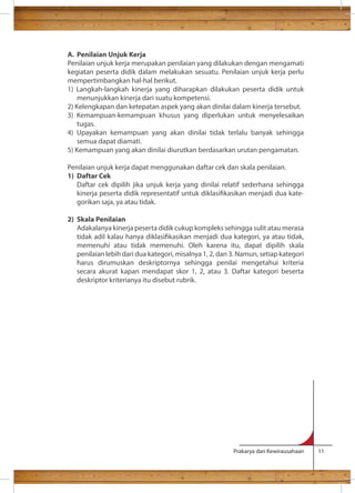 A. Penilaian Unjuk Kerja 
Penilaian unjuk kerja merupakan penilaian yang dilakukan dengan mengamati 
kegiatan peserta didik dalam melakukan sesuatu. Penilaian unjuk kerja perlu 
mempertimbangkan hal-hal berikut. 
1) Langkah-langkah kinerja yang diharapkan dilakukan peserta didik untuk 
Prakarya dan Kewirausahaan 11 
menunjukkan kinerja dari suatu kompetensi. 
2) Kelengkapan dan ketepatan aspek yang akan dinilai dalam kinerja tersebut. 
3) Kemampuan-kemampuan khusus yang diperlukan untuk menyelesaikan 
tugas. 
4) Upayakan kemampuan yang akan dinilai tidak terlalu banyak sehingga 
semua dapat diamati. 
5) Kemampuan yang akan dinilai diurutkan berdasarkan urutan pengamatan. 
Penilaian unjuk kerja dapat menggunakan daftar cek dan skala penilaian. 
1) Daftar Cek 
Daftar cek dipilih jika unjuk kerja yang dinilai relatif sederhana sehingga 
kinerja peserta didik representatif untuk diklasikasikan menjadi dua kate-gorikan 
saja, ya atau tidak. 
2) Skala Penilaian 
Adakalanya kinerja peserta didik cukup kompleks sehingga sulit atau merasa 
tidak adil kalau hanya diklasikasikan menjadi dua kategori, ya atau tidak, 
memenuhi atau tidak memenuhi. Oleh karena itu, dapat dipilih skala 
penilaian lebih dari dua kategori, misalnya 1, 2, dan 3. Namun, setiap kategori 
harus dirumuskan deskriptornya sehingga penilai mengetahui kriteria 
secara akurat kapan mendapat skor 1, 2, atau 3. Daftar kategori beserta 
deskriptor kriterianya itu disebut rubrik. 
 