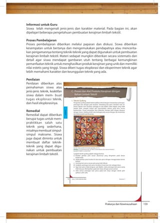 Informasi untuk Guru 
Siswa telah mengenali jenis-jenis dan karakter material. Pada bagian ini, akan 
dipelajari beberapa pengetahuan pembuatan kerajinan limbah tekstil. 
Proses Pembelajaran 
Proses pembelajaran diberikan melalui paparan dan diskusi. Siswa diberikan 
kesempatan untuk bertanya dan mengemukakan pendapatnya atau mencerita-kan 
pengamannya tentang teknik-teknik yang dapat digunakan untuk pembuatan 
kerajinan limbah tekstil. Materi sedapat mungkin diberikan secara sistematis dan 
detail agar siswa mendapat gambaran utuh tentang berbagai kemungkinan 
pemanfaatan teknik untuk menghasilkan produk kerajinan yang unik dan memiliki 
nilai estetis yang tinggi. Siswa diberi tugas eksplorasi dan eksperimen teknik agar 
lebih memahami karakter dan keunggulan teknik yang ada. 
Penilaian 
Penilaian diberikan atas 
pemahaman siswa atas 
jenis-jenis teknik, keaktifan 
C. Proses dan Alat Produksi Kerajinan dengan 
siswa dalam mem- buat 
Bahan Limbah Tekstil 
tugas eksplorasi teknik, 
dan hasil eksplorasinya. 
Pengertian quilting adalah teknik aplikasi imbuh dengan menyatukan potongan-potongan 
kain dengan pola tertentu. Terkadang kita perlu memberi isian di-antara 
lapisan kain tersebut sehingga di saat dijahit maka bagian yang tidak 
terjahit akan menjadi timbul dan menciptakan tekstur yang baru secara 
Remedial 
keseluruhan. Proses penjahitan bisa dilakukan dengan jahit tangan ataupun 
dengan mesin. Quilting terdiri atas berbagai pola sesuai dengan ide, kreativitas 
Remedial dapat diberikan 
dan keterampilan pembuatnya. 
berupa tugas untuk mem-praktikkan 
Sumber: http://quiltschenectady.org/?page_id=19 
Gambar 1.11 Quilt karya dari Lois Bena, Susan Mezera, dan Joanne Hendrick 
berjudul “A Walk In Central Park” 
Langkah teknik quilting adalah sebagai berikut. 
a) Buatlah gambar pola sesuai ukurannya yang diinginkan pada kertas 
b) Jiplak gambar pola tersebut di atas kain perca dengan menggunakan kertas 
c) Gunting kain perca sesuai pola yang telah dibuat. 
d) Letakkan potongan kain perca tersebut di atas kain lain sebagai dasar. 
e) Agar kain perca tidak bergeser saat dijahit, maka potongan kain perca yang 
telah disusun ditempelkan pada kain dasar dengan jarum pentul. 
f ) Jahit semua potongan kain perca pada kain dasar dengan teknik jahit 
Prakarya dan Kewirausahaan 159 
salah satu 
teknik yang sederhana, 
misalnya membuat simpul-simpul 
makrame. Siswa 
juga dapat diminta untuk 
membuat daftar teknik-teknik 
yang dapat digu-nakan 
untuk pembuatan 
kerajinan limbah tekstil. 
1. Teknik Quilting 
kotak-kotak. 
karbon. 
aplikasi/ jahit setik. 
12 Kelas X SMA/SMK/MA/MAK Semester 2 
Kerajinan 
 