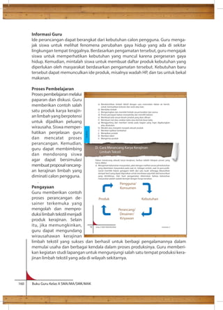 Informasi Guru 
Ide perancangan dapat berangkat dari kebutuhan calon pengguna. Guru menga-jak 
siswa untuk melihat fenomena perubahan gaya hidup yang ada di sekitar 
lingkungan tempat tinggalnya. Berdasarkan pengamatan tersebut, guru mengajak 
siswa untuk memperhatikan kebutuhan yang muncul karena pergeseran gaya 
hidup. Kemudian, mintalah siswa untuk membuat daftar produk kebutuhan yang 
diperlukan oleh masyarakat berdasarkan pengamatan tersebut. Kebutuhan baru 
tersebut dapat memunculkan ide produk, misalnya wadah HP, dan tas untuk bekal 
makanan. 
Proses Pembelajaran 
Proses pembelajaran melalui 
paparan dan diskusi. Guru 
memberikan contoh salah 
satu produk karya kerajin-an 
limbah yang berpotensi 
untuk dijadikan peluang 
wirausaha. Siswa memper-hatikan 
penjelasan guru 
dan mencatat proses 
perancangan. Kemudian, 
guru dapat membimbing 
dan mendorong siswa 
agar dapat bersimulasi 
membuat proposal rancang-an 
kerajinan limbah yang 
diminati calon pengguna. 
. 
Pengayaan 
Guru memberikan contoh 
proses perancangan de-sainer 
terkemuka yang 
mengolah dan mempro-duksi 
limbah tekstil menjadi 
produk kerajinan. Selain 
itu, jika memungkinkan, 
18 Kelas X SMA/SMK/MA/MAK Semester 2 
guru dapat mengundang 
wirausahawan kerajinan 
limbah tekstil yang sukses dan berhasil untuk berbagi pengalamannya dalam 
memulai usaha dan berbagai kendala dalam proses produksinya. Guru memberi-kan 
kegiatan studi lapangan untuk mengunjungi salah satu tempat produksi kera-jinan 
limbah tekstil yang ada di wilayah sekitarnya. 
160 Buku Guru Kelas X SMA/MA/SMK/MAK 
a) Membersihkan limbah tekstil dengan cara merendam dalam air bersih, 
untuk memisahkan kotoran dan serat atau kain. 
b) Membilas limbah 
c) Mengeringkan dan memilah limbah sesuai karakter dan warna 
d) Proses persiapan bahan (menyetrika dan memilih bahan) 
e) Membuat pola sesuai desain produk yang akan dibuat 
f ) Membuat mal atau cetakan baku atau bentuk dasar baku 
g) Menggunting dan memberi tanda pada bagian yang ingin digabungkan 
atau disatukan. 
h) Merakit atau menjahit menjadi sebuah produk 
i) Memberi aplikasi tambahan 
j) Merapikan produk 
k) Memberi label 
l) Mengemas produk 
D. Cara Merancang Karya Kerajinan 
Limbah Tekstil 
Dalam merancang sebuah karya kerajinan, berikut adalah tahapan proses yang 
harus dilalui. 
a) Mengamati kebutuhan masyarakat, yakni dengan melihat secara jeli kebutuhan 
yang diperlukan masyarakat pada saat ini. Sebagai contoh, saat ini para profe-sional 
memiliki telpon genggam lebih dari satu buah sehingga dibutuhkan 
dompet kecil yang dapat digunakan untuk membawa sejumlah alat komunikasi 
yang dimilikinya. Dari hasil pengamatan ditemukan bahwa kebutuhan 
masyarakat adalah wadah/dompet dengan fungsi tersebut. 
Pengguna/ 
Konsumen 
Produk Kebutuhan 
Perancang/ 
Desainer/ 
Kriyawan 
Kerajinan 
 