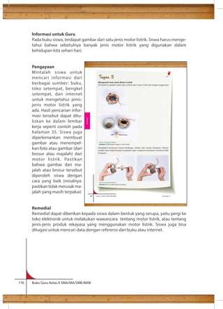 Informasi untuk Guru 
Pada buku siswa, terdapat gambar dari satu jenis motor listrik. Siswa harus menge-tahui 
bahwa sebetulnya banyak jenis motor listrik yang digunakan dalam 
kehidupan kita sehari-hari. 
Pengayaan 
Mintalah siswa untuk 
mencari informasi dari 
berbagai sumber: buku, 
toko setempat, bengkel 
setempat, dan internet 
untuk mengetahui jenis-jenis 
motor listrik yang 
ada. Hasil pencarian infor-masi 
tersebut dapat ditu-liskan 
ke dalam lembar 
kerja seperti contoh pada 
halaman 35. Siswa juga 
diperkenankan membuat 
gambar atau menempel-kan 
foto atau gambar (dari 
brosur atau majalah) dari 
motor listrik. Pastikan 
bahwa gambar dari ma-jalah 
atau brosur tersebut 
diperoleh siswa dengan 
cara yang baik (misalnya: 
pastikan tidak merusak ma-jalah 
yang masih terpakai) 
Tugas 5 
Sumber: Dokumen Kemdikbud 
Gambar 2.10 Bagian-bagian motor listrik 
44 Kelas X SMA/SMK/MA/MAK Semester 2 
Remedial 
Remedial dapat diberikan kepada siswa dalam bentuk yang serupa, yaitu pergi ke 
toko elektronik untuk melakukan wawancara tentang motor listrik, atau tentang 
jenis-jenis produk rekayasa yang menggunakan motor listrik. Siswa juga bisa 
ditugasi untuk mencari data dengan referensi dari buku atau internet. 
176 Buku Guru Kelas X SMA/MA/SMK/MAK 
Ilmu lain yang mempelajari tentang gerak adalah Ilmu Fisika. Menurut Ilmu 
Mengenali Jenis-Jenis Motor Listrik 
Di bawah ini adalah salah satu contoh dari motor listrik dan bagian-bagiannya 
Rangkaian kumparan kawat tembaga, wadah, dan sumbu berputar. Ukuran 
wadah harus tepat dengan rangkaian agar rangkaian kumparan tersebut tidak 
bergeser. 
Sumber: Dokumen Kemdikbud 
Gambar 2.11 Sumbu dan kumparan 
Rekayasa 
 
