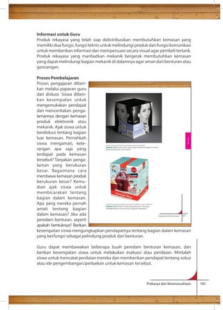 Informasi untuk Guru 
Produk rekayasa yang telah siap didistribusikan membutuhkan kemasan yang 
memiliki dua fungsi, fungsi teknis untuk melindungi produk dan fungsi komunikasi 
untuk memberikan informasi dan mempersuasi secara visual agar pembeli tertarik. 
Produk rekayasa yang manfaatkan mekanik bergerak membutuhkan kemasan 
yang dapat melindungi bagian mekanik di dalamnya agar aman dari benturan atau 
goncangan. 
Proses Pembelajaran 
Proses pengajaran diberi-kan 
Prakarya dan Kewirausahaan 185 
melalui paparan guru 
dan diskusi. Siswa diberi-kan 
kesempatan untuk 
mengemukakan pendapat 
dan menceritakan penga-lamannya 
dengan kemasan 
produk elektronik atau 
mekanik. Ajak siswa untuk 
berdiskusi tentang bagian 
luar kemasan. Pernahkah 
siswa mengamati, kete-rangan 
apa saja yang 
terdapat pada kemasan 
tersebut? Tanyakan penga-laman 
yang berukuran 
besar. Bagaimana cara 
membawa kemasan produk 
berukuran besar? Kemu-dian 
ajak siswa untuk 
membicarakan tentang 
bagian dalam kemasan. 
Apa yang mereka pernah 
amati tentang bagian 
dalam kemasan? Jika ada 
Prakarya dan Kewirausahaan 61 
peredam benturan, seperti 
apakah bentuknya? Berikan 
kesempatan siswa mengungkapkan pendapatnya tentang bagian dalam kemasan 
yang berfungsi sebagai pelindung produk dari benturan. 
Guru dapat membawakan beberapa buah peredam benturan kemasan, dan 
berikan kesempatan siswa untuk melakukan evaluasi atau penilaian. Mintalah 
siswa untuk mencatat penilaian mereka dan memberikan pendapat tentang solusi 
atau ide pengembangan/perbaikan untuk kemasan tersebut. 
Buatlah beberapa rencana 
Gambar 2.24 Kemasan kipas angin yang memiliki keunggulan produk 
tidak mengeluarkan suara (silent) 
Sumber: http://www.gilesandposner.com/american-originals-ice-cream-maker.html 
Gambar 2.25 Kemasan produk alat pembuat es krim yang 
menggambarkan cita rasa es krim yang akan dihasilkan 
Rekayasa 
 