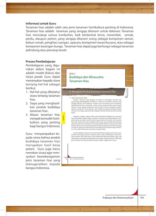 Informasi untuk Guru 
Tanaman hias adalah salah satu jenis tanaman hortikultura penting di Indonesia. 
Tanaman hias adalah tanaman yang sengaja ditanam untuk dekorasi. Tanaman 
hias mencakup semua tumbuhan, baik berbentuk terna, merambat, semak, 
perdu, ataupun pohon, yang sengaja ditanam orang sebagai komponen taman, 
kebun rumah, penghias ruangan, upacara, komponen riasan/busana, atau sebagai 
komponen karangan bunga. Tanaman hias dapat juga berfungsi sebagai tanaman 
pelindung atau penutup tanah. 
BAB 3 
Budidaya dan Wirausaha 
Tanaman Hias 
A. Mengenal Produk Budidaya Tanaman Hias 
Gambar tanaman yang terdapat di bawah ini merupakan tanaman hias 
yang banyak dibudidayakan di Indonesia. Tanaman hias adalah tanaman yang 
sengaja ditanam untuk dekorasi. Tanaman hias mencakup semua tumbuhan, 
baik berbentuk terna, merambat, semak, perdu, ataupun pohon, yang sengaja 
ditanam orang sebagai komponen taman, kebun rumah, penghias ruangan, 
upacara, komponen riasan/busana, atau sebagai komponen karangan bunga. 
Tanaman hias dapat juga berfungsi sebagai tanaman pelindung atau penutup 
tanah. 
Indonesia sebagai negara tropis yang ditumbuhi berbagai jenis tanaman 
hias. Berdasarkan bagian-bagian tanaman, tanaman hias dikelompokkan men-jadi 
tanaman hias daun, tanaman hias bunga, tanaman hias buah, dan tanaman 
hias akar. Tanaman hias daun adalah tanaman hias yang memiliki bentuk daun 
yang indah dan unik. Tanaman hias bunga adalah tanaman hias yang memiliki 
bentuk, warna, dan aroma bunga yang menarik. Keragaman tanaman hias yang 
tumbuh di negeri kita adalah karunia Yang Maha Kuasa kepada bangsa Indone-sia. 
Kita sudah seharusnya mensyukuri anugerah-Nya. 
Usaha budidaya tanaman hias telah berkembang sangat pesat karena mem-berikan 
keuntungan ekonomi kepada pelaku usaha budidayanya. Hasil budi-daya 
tanaman hias tidak hanya untuk memenuhi kebutuhan dalam negri, tapi 
juga diekspor sehingga mendatangkan devisa bagi negara Indonesia. Beberapa 
jenis tanaman hias yang berpotensi ekspor adalah anggrek dan mawar. 
Prakarya dan Kewirausahaan 193 
Proses Pembelajaran 
Pembelajaran yang digu-nakan 
dalam bagian ini 
adalah model diskusi dan 
tanya jawab. Guru dapat 
menanyakan kepada siswa 
tentang hal-hal sebagai 
berikut. 
1. Hal-hal yang diketahui 
siswa tentang tanaman 
hias. 
2. Siapa yang menghasil-kan 
produk budidaya 
tanaman hias . 
3. Alasan tanaman hias 
menjadi komoditi horti-kultura 
yang penting 
bagi bangsa Indonesia. 
Guru menyampaikan ke-pada 
siswa bahwa produk 
budidaya tanaman hias 
merupakan hasil kerja 
petani. Guru juga harus 
menekan siswa agar men-syukuri 
keanekaragaman 
jenis tanaman hias yang 
dianugerahkan kepada 
bangsa Indonesia. 
1. Jenis Tanaman Hias 
74 Kelas X SMA/SMK/MA/MAK Semester 2 
Budidaya 
 