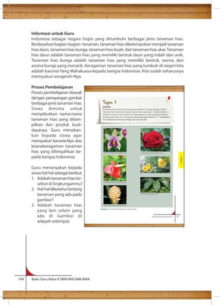 Informasi untuk Guru 
Indonesia sebagai negara tropis yang ditumbuhi berbagai jenis tanaman hias. 
Berdasarkan bagian-bagian tanaman, tanaman hias dikelompokan menjadi tanaman 
hias daun, tanaman hias bunga, tanaman hias buah, dan tanaman hias akar. Tanaman 
hias daun adalah tanaman hias yang memiliki bentuk daun yang indah dan unik, 
Tanaman hias bunga adalah tanaman hias yang memiliki bentuk, warna, dan 
aroma bunga yang menarik. Keragaman tanaman hias yang tumbuh di negeri kita 
adalah karunia Yang Mahakuasa kepada bangsa Indonesia. Kita sudah seharusnya 
mensyukuri anugerah-Nya. 
Proses Pembelajaran 
Proses pembelajaran diawali 
dengan penayangan gambar 
berbagai jenis tanaman hias. 
Siswa diminta untuk 
menyebutkan nama-nama 
tanaman hias yang ditam-pilkan 
dan produk budi-dayanya. 
Guru menekan-kan 
kepada siswa agar 
mensyukuri karunia-Nya atas 
keanekaragaman tanaman 
hias yang dilimpahkan ke-pada 
bangsa Indonesia. 
Guru menanyakan kepada 
siswa hal-hal sebagai berikut. 
1. Adakah tanaman hias ter-sebut 
di lingkunganmu? 
2. Hal-hal diketahui tentang 
tanaman yang ada pada 
gambar? 
3. Adakah tanaman hias 
yang lain selain yang 
ada di Gambar di 
wilayah setempat. 
194 Buku Guru Kelas X SMA/MA/SMK/MAK 
Setelah mempelajari bab ini peserta didik mampu: 
Tugas 1 
Individu 
Perhatikanlah tanaman hias yang ada sekitarmu! Sangat banyak, bukan? 
Tanaman hias bermacam-macam bentuk dan warnanya. Amati Gambar 3.1. 
Adakah tanaman hias tersebut di lingkunganmu? Apa yang kamu ketahui 
tentang nama dan ciri-ciri tanaman yang ada pada Gambar 3.1? Ungkapkan-lah 
Prakarya dan Kewirausahaan 75 
pendapatmu dengan bangga dan percaya diri! 
Sumber: http://kalbar.litbang.deptan.go.id Sumber:http://yogya.litbang.deptan.go.id 
Sumber:http://biogen.litbang.deptan.go.id 
Sumber: http://balithi.litbang.deptan.go.id 
Sumber:http://philodendron.org/ 
Gambar 3.1 Contoh beberapa jenis tanaman hias 
Budidaya 
 