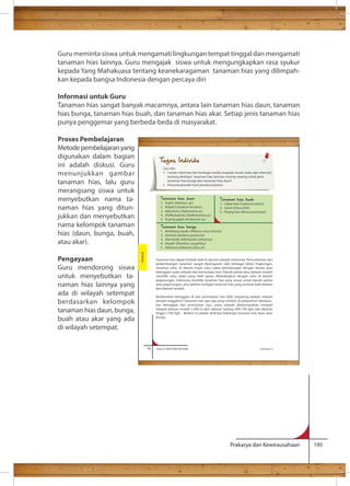 Guru meminta siswa untuk mengamati lingkungan tempat tinggal dan mengamati 
tanaman hias lainnya. Guru mengajak siswa untuk mengungkapkan rasa syukur 
kepada Yang Mahakuasa tentang keanekaragaman tanaman hias yang dilimpah-kan 
Tugas Individu 
Cari info: 
1. Carilah informasi dari berbagai media (majalah, koran, buku dan internet) 
tentang deskripsi tanaman hias lainnya, masing-masing untuk jenis 
tanaman hias bunga dan tanaman hias daun! 
2. Presentasikanlah hasil penelusuranmu! 
Tanaman hias daun 
1. Suplir (Adiantus sp.) 
2. Keladi (Caladium bicolour) 
3. Aglonema (Aglaonema sp.) 
.) 
Tanaman hias buah 
1. Cabai hias (Capsicum anum) 
2. Jeruk (Citrus mitis) 
3. Pisang hias (Musa acuminata) 
5. Kuping gajah (Anthurium sp.) 
Tanaman hias bunga 
1. Kembang sepatu (Hibiscus rosa-sinensis) 
2. Gerbera (Garbera jamesonii) 
3. Alamanda (Allamanda cathartica) 
4. Anyelir (Dianthus caryphillus) 
5. Adenium (Adenium obesum) 
Tanaman hias dapat tumbuh baik di seluruh wilayah Indonesia. Pertumbuhan dan 
perkembangan tanaman sangat dipengaruhi oleh berbagai faktor lingkungan, 
misalnya suhu. Di daerah tropis suhu udara berhubungan dengan elevasi atau 
ketinggian suatu wilayah dari permukaan laut. Daerah pantai atau dataran rendah 
memiliki suhu udara yang lebih panas dibandingkan dengan suhu di daerah 
pegunungan. Indonesia memiliki tanaman hias yang sesuai untuk daerah pantai 
atau pegunungan, atau bahkan terdapat tanaman hias yang tumbuh baik dataran 
dan dataran rendah. 
Berdasarkan ketinggian di atas permukaan laut (dpl), tergolong apakah wilayah 
tempat tinggalmu? Tanaman hias apa saja yang tumbuh di wilayahmu? Berdasar-kan 
ketinggian dari permukaan laut, suatu wilayah dikelompokkan menjadi 
wilayah dataran rendah (400 m dpl), dataran sedang (400-700 dpl), dan dataran 
tinggi (700 dpl). Berikut ini adalah deskripsi beberapa tanaman hias daun atau 
bunga. 
Prakarya dan Kewirausahaan 195 
kepada bangsa Indonesia dengan percaya diri 
Informasi untuk Guru 
Tanaman hias sangat banyak macamnya, antara lain tanaman hias daun, tanaman 
hias bunga, tanaman hias buah, dan tanaman hias akar. Setiap jenis tanaman hias 
punya penggemar yang berbeda-beda di masyarakat. 
Proses Pembelajaran 
Metode pembelajaran yang 
digunakan dalam bagian 
ini adalah diskusi. Guru 
menunjukkan gambar 
tanaman hias, lalu guru 
merangsang siswa untuk 
menyebutkan nama ta-naman 
hias yang ditun-jukkan 
dan menyebutkan 
nama kelompok tanaman 
hias (daun, bunga, buah, 
atau akar). 
Pengayaan 
Guru mendorong siswa 
untuk menyebutkan ta-naman 
hias lainnya yang 
ada di wilayah setempat 
berdasarkan kelompok 
tanaman hias daun, bunga, 
buah atau akar yang ada 
di wilayah setempat. 
76 Kelas X SMA/SMK/MA/MAK Semester 2 
Budidaya 
 