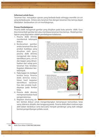 Informasi untuk Guru 
Tanaman hias merupakan spesies yang berbeda-beda sehingga memiliki ciri-ciri 
yang berbeda pula. Antara satu tanaman hias dengan tanaman hias lainnya dapat 
dibedakan berdasarkan ciri-ciri morfologisnya. 
Proses Pembelajaran 
Peserta didik mengamati gambar yang disajikan pada buku peserta didik. Guru 
bisa menambah gambar lain atau membawa tanaman hias lainnya. Model pembe-lajaran 
yang digunakan adalah pembelajaran kolaborasi. 
1. Peserta didik diminta 
membentuk kelompok 
diskusi. 
2. Berdasarkan gambar 
aneka tanaman hias dan 
produk budidaya yang 
disajikan oleh guru, 
peserta didik diminta 
mengamati dan meng-identi 
kasi jenis, ciri-ciri 
dan bagian yang diman-faatkan 
dari setiap jenis 
tanaman hias tersebut. 
Kegiatan dilakukan ber-kelompok. 
3. Pada bagian ini, terdapat 
lembar kerja. Peserta 
didik diminta menu-liskan 
hasil kegiatan 
identikasi tanaman 
hias dan produk budi-dayanya 
pada lembar 
kerja. 
4. Peserta didik diminta 
mempresentasikan hasil 
pengamatannya. 
5. Kegiatan dirancang da-lam 
Sumber: http://eproduk.litbang.deptan.go.id/category.php?id_category=28 
Gambar 3.2 Anggrek sebagai tanaman hias pot 
bentuk diskusi untuk mengembangkan kemampuan komunikasi, kerja 
sama, toleransi, disiplin, dan tanggung jawab. Peserta didik diberi motivasi agar 
aktif dalam berdiskusi serta berusaha menjadi pendengar yang baik sebagai 
bentuk pengembangan prilaku sosial. 
196 Buku Guru Kelas X SMA/MA/SMK/MAK 
Prakarya dan Kewirausahaan 77 
1. Anggrek 
Anggrek merupakan salah satu jenis tanaman hias bunga yang banyak dibudi-dayakan. 
Beberapa jenis anggrek yang sering dibudidayakan adalah Dendrobium, 
Phalaenopsis, Cattleya dan Vanda. Salah satu jenis anggrek yang banyak dimi-nati 
oleh konsumen adalah anggrek Dendrobium karena memiliki warna bunga 
yang menarik, jumlah kuntum bunga yang banyak dalam satu tangkai, dan vase 
hidup yang lama. Bunga anggrek dapat dinikmati keindahan bunganya sebagai 
bunga potong maupun tanaman pot berbunga. Anggrek Dendrobium seba-merugikan 
pohon yang ditumpanginya. Anggrek Den- drobium memiliki pola 
pertumbuhan simpodial, yaitu anggrek dengan pertumbuhan ujung batang 
terbatas, setelah mencapai panjang tertentu, pertumbuhan batang akan 
berhenti. Pertumbuhan dilanjutkan oleh anakan berikutnya. Anggrek ini memi-liki 
batang berbentuk menggelembung, berdaging, dan memiliki nodus 
sebagai tempat menempelnya daun. Anggrek Dendrobium berkembang biak 
dengan menggunakan biji atau anakan. 
2. Adenium (Adenium sp.) 
Tanaman hias adenium sangat cocok ditanam di 
dataran rendah, namun masih dapat ditanam di 
daerah dengan ketinggian 700 m di atas permu-kaan 
laut. Tanaman ini sangat menyukai lingkungan 
yang panas, kering dan bersuhu tinggi. Adenium 
memiliki batang sukulen. Tanaman yang populer 
dengan sebutan kamboja jepang ini memiliki 
variasi warna bunga misalnya merah, ungu, pink 
dan putih, serta variasi motif bunga berupa garis 
atau strip dan bercak-bercak. Keindahan lainnya 
terletak pada bentuk bonggol dan percabangan 
yang dapat dibentuk bonsai. 
Sumber: http://artaplantelor.com/2010/03/03/adenium/ 
Gambar 3.3 Keindahan bunga dan bonggol tanaman adenium 
Budidaya 
 