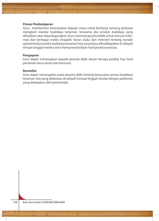 Proses Pembelajaran 
Guru memberikan kesempatan kepada siswa untuk bertanya tentang perlunya 
mengikuti standar budidaya tanaman, terutama jika produk budidaya yang 
dihasilkan akan diperdagangkan. Guru meminta peserta didik untuk mencari infor-masi 
dari berbagai media (majalah, koran, buku dan internet) tentang standar 
operasional prosedur budidaya tanaman hias yang biasa dibudidayakan di wilayah 
tempat tinggal mereka serta mempresentasikan hasil penelusurannya. 
Pengayaan 
Guru dapat menanyakan kepada peserta didik alasan kenapa produk hias hasil 
pertanian harus aman dan bermutu. 
Remedial 
Guru dapat menanyakan pada peserta didik tentang kesesuaian proses budidaya 
tanaman hias yang dilakukan di wilayah tempat tinggal mereka dengan pedoman 
yang ditetapkan oleh pemerintah. 
198 Buku Guru Kelas X SMA/MA/SMK/MAK 
 