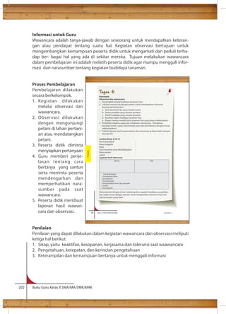 Informasi untuk Guru 
Wawancara adalah tanya-jawab dengan seseorang untuk mendapatkan keteran-gan 
atau pendapat tentang suatu hal. Kegiatan observasi bertujuan untuk 
mengembangkan kemampuan peserta didik untuk mengamati dan peduli terha-dap 
ber- bagai hal yang ada di sekitar mereka. Tujuan melakukan wawancara 
dalam pembelajaran ini adalah melatih peserta didik agar mampu menggali infor-masi 
dari narasumber tentang kegiatan budidaya tanaman. 
Proses Pembelajaran 
Pembelajaran dilakukan 
secara berkelompok. 
1. Kegiatan dilakukan 
melalui observasi dan 
wawancara. 
2. Observasi dilakukan 
dengan mengunjungi 
petani di lahan pertani-an 
atau mendatangkan 
petani. 
3. Peserta didik diminta 
menyiapkan pertanyaan 
4. Guru memberi penje-lasan 
tentang cara 
bertanya yang santun 
serta meminta peserta 
mendengarkan dan 
memperhatikan nara-sumber 
pada saat 
wawancara. 
5. Peserta didik membuat 
laporan hasil wawan-cara 
dan observasi. 
Tugas 6 
Kelompok 
Observasi dan wawancara 
1. Kunjungilah tempat budidaya tanaman hias! 
2. Lakukan wawancara dengan petani untuk mendapatkan informasi 
Bahan: Alat: 
Teknik Budidaya 
1. Pengolahan lahan 
2. Penanaman 
3. Pemeliharaan 
4. Pengendalian hama dan penyakit 
5. Panen 
6. Pascapanen 
90 Kelas X SMA/SMK/MA/MAK Semester 2 
Penilaian 
Penilaian yang dapat dilakukan dalam kegiatan wawancara dan observasi meliputi 
ketiga hal berikut. 
1. Sikap, yaitu keaktifan, kesopanan, kerjasama dan toleransi saat waawancara 
2. Pengetahuan, ketepatan, dan kerincian pengetahuan 
3. Keterampilan dan kemampuan bertanya untuk menggali informasi 
202 Buku Guru Kelas X SMA/MA/SMK/MAK 
4. Penanaman 
Penanaman dilakukan jika lahan tanam sudah gembur. Jika terlalu kering 
dapat disiram terlebih dahulu. Penanaman sebaiknya dilakukan pada pagi 
hari atau sore hari. Jika diperbanyak dengan benih maka benih dapat 
ditanam langsung atau disemai terlebih dahulu sehingga tumbuh menjadi 
bibit sehingga siap tanam. Bibit ditanam dalam lubang tanam dengan 
ukuran yang sesuai untuk masing jenis tanaman hias 
tentang hal-hal berikut: 
a. Jenis tanaman hias yang mereka tanam 
b. Sarana produksi yang mereka gunakan 
c. Teknik budidaya yang mereka gunakan 
d. Kesulitan dalam budidaya tanaman hias 
e. Alasan mereka memilih jenis tanaman hias yang biasa mereka tanam 
3. Perhatikan sikapmu pada saat melakukan wawancara. Hendaknya 
bersikap ramah, sopan serta bekerja sama dan bertoleransi dengan teman 
sekelompokmu! 
4. Tulislah laporan hasil wawancaramu dan presentasi di depan kelas dengan 
percaya diri. 
Lembar Kerja 4 (LK 4) 
Nama kelompok : 
Nama anggota : 
Kelas : 
Jenis tanaman yang dibudidayakan : 
Nama petani : 
Lokasi : 
Laporan hasil observasi 
Diskusikanlah dengan teman sekelompokmu apakah budidaya yang dilaku-kan 
sudah sesuai dengan standar untuk menghasilkan tanaman hias hasil 
hasil pertanian yang baik? 
Budidaya 
 