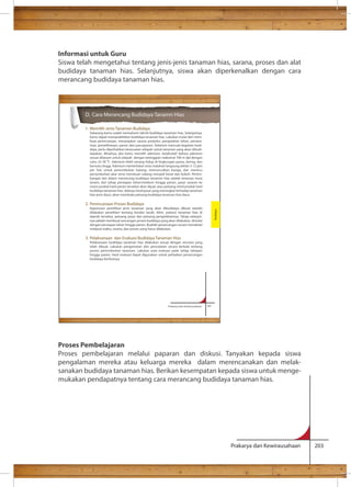 Informasi untuk Guru 
Siswa telah mengetahui tentang jenis-jenis tanaman hias, sarana, proses dan alat 
budidaya tanaman hias. Selanjutnya, siswa akan diperkenalkan dengan cara 
merancang budidaya tanaman hias. 
D. Cara Merancang Budidaya Tanamn Hias 
Proses Pembelajaran 
Proses pembelajaran melalui paparan dan diskusi. Tanyakan kepada siswa 
pengalaman mereka atau keluarga mereka dalam merencanakan dan melak-sanakan 
budidaya tanaman hias. Berikan kesempatan kepada siswa untuk menge-mukakan 
pendapatnya tentang cara merancang budidaya tanaman hias. 
Prakarya dan Kewirausahaan 203 
Prakarya dan Kewirausahaan 91 
1. Memilih Jenis Tanaman Budidaya 
Sekarang kamu sudah memahami teknik budidaya tanaman hias. Selanjutnya, 
kamu dapat mempraktikkan budidaya tanaman hias. Lakukan mulai dari mem-buat 
perencanaan, menyiapkan sarana produksi, pengolahan lahan, penana-man, 
pemeliharaan, panen dan pascapanen. Sebelum memulai kegiatan budi-daya, 
perlu diperhatikan kesesuaian wilayah untuk tanaman yang akan dibudi-dayakan. 
Misalnya, jika kamu memilih adenium, ketahuilah bahwa adenium 
sesuai ditanam untuk wilayah dengan ketinggian maksimal 700 m dpl dengan 
suhu 25-30 C. Adenium lebih senang hidup di lingkungan panas, kering, dan 
bersuhu tinggi. Adenium memerlukan sinar matahari langsung sekitar 5-12 jam 
per hari untuk pertumbuhan batang, memunculkan bunga, dan memicu 
pertumbuhan akar serta membuat cabang menjadi besar dan kokoh. Pertim-bangan 
lain dalam merancang budidaya tanaman hias adalah lamanya masa 
tanam, dari tahap persiapan lahan/medium hingga panen, pasar sasaran ke 
mana produk hasil panen tersebut akan dijual, atau peluang trend produk hasil 
budidaya tanaman hias. Adanya trend pasar yang meningkat terhadap tanaman 
hias jenis daun, akan membuka peluang budidaya tanaman hias daun. 
2. Perencanaan Proses Budidaya 
Keputusan pemilihan jenis tanaman yang akan dibudidaya dibuat setelah 
dilakukan penelitian tentang kondisi tanah, iklim, potensi tanaman hias di 
daerah tersebut, peluang pasar dan peluang pengolahannya. Tahap selanjut-nya 
adalah membuat rancangan proses budidaya yang akan dilakukan, dimulai 
dengan persiapan lahan hingga panen. Buatlah perancangan secara mendetail 
meliputi waktu, sarana, dan proses yang harus dilakukan. 
3. Pelaksanaan dan Evaluasi Budidaya Tanaman Hias 
Pelaksanaan budidaya tanaman hias dilakukan sesuai dengan rencana yang 
telah dibuat. Lakukan pengamatan dan pencatatan secara berkala tentang 
proses pertumbuhan tanaman. Lakukan pula evaluasi pada setiap tahapan 
hingga panen. Hasil evaluasi dapat digunakan untuk perbaikan perancangan 
budidaya berikutnya. 
Budidaya 
 