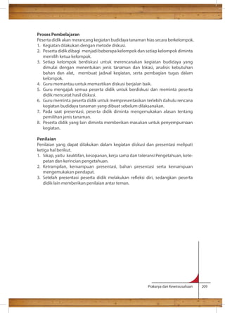 Proses Pembelajaran 
Peserta didik akan merancang kegiatan budidaya tanaman hias secara berkelompok. 
1. Kegiatan dilakukan dengan metode diskusi. 
2. Peserta didik dibagi menjadi beberapa kelompok dan setiap kelompok diminta 
Prakarya dan Kewirausahaan 209 
memilih ketua kelompok. 
3. Setiap kelompok berdiskusi untuk merencanakan kegiatan budidaya yang 
dimulai dengan menentukan jenis tanaman dan lokasi, analisis kebutuhan 
bahan dan alat, membuat jadwal kegiatan, serta pembagian tugas dalam 
kelompok. 
4. Guru memantau untuk memastikan diskusi berjalan baik. 
5. Guru mengajak semua peserta didik untuk berdiskusi dan meminta peserta 
didik mencatat hasil diskusi. 
6. Guru meminta peserta didik untuk mempresentasikan terlebih dahulu rencana 
kegiatan budidaya tanaman yang dibuat sebelum dilaksanakan. 
7. Pada saat presentasi, peserta didik diminta mengemukakan alasan tentang 
pemilihan jenis tanaman. 
8. Peserta didik yang lain diminta memberikan masukan untuk penyempurnaan 
kegiatan. 
Penilaian 
Penilaian yang dapat dilakukan dalam kegiatan diskusi dan presentasi meliputi 
ketiga hal berikut. 
1. Sikap, yaitu keaktifan, kesopanan, kerja sama dan toleransi Pengetahuan, kete-patan 
dan kerincian pengetahuan. 
2. Ketrampilan, kemampuan presentasi, bahan presentasi serta kemampuan 
mengemukakan pendapat. 
3. Setelah presentasi peserta didik melakukan reeksi diri, sedangkan peserta 
didik lain memberikan penilaian antar teman. 
 