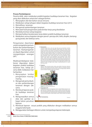 Proses Pembelajaran 
Peserta didik akan melakukan praktik kegiatan budidaya tanaman hias. Kegiatan 
yang akan dilakukan antara lain sebagai berikut. 
1. Menyiapkan alat dan bahan sesuai rencana 
2. Melakukan setiap tahapan dalam kegiatan budidaya tanaman hias (LK 5) 
3. Memelihara tanaman 
4. Mengamati perkembangan tanaman 
5. Mencatat hasil pengamatan pada lembar kerja yang disediakan 
6. Mendokumentasi setiap kegiatan 
7. Memperhatikan keselamatan kerja dalam praktik budidaya tanaman 
8. Melakukan semua kegiatan dengan penuh percaya diri, teliti, disiplin, bertang-gung 
jawab, dan bekerja sama. 
Pengamatan diperlukan 
untuk mengetahui pertum-buhan 
dan perkembangan 
tanaman. Hasil pengamat-an 
dapat digunakan untuk 
mengantisipasi serangan 
OPT. 
Model pembelajaran kola-borasi 
digunakan dalam 
kegiatan praktik budidaya 
tanaman hias. Setiap pe-serta 
didik melakukan hal-hal 
berikut. 
1. Menyiapkan lembar 
pengamatan masing-masing. 
2. Mengamati pertumbuh-an 
dan perkembangan 
tanaman dengan sak-sama. 
3. Membuat laporan prak-tik 
budidaya tanaman 
hias. 
4. Mengumpulkan semua 
data dan gambar se-bagai 
bahan penulisan 
laporan. 
Sumber: http://gresik.co/tag/petani-adenium-gresik 
Gambar 3.21 Pemeliharaan tanaman adenium 
100 Kelas X SMA/SMK/MA/MAK Semester 2 
5. Membuat laporan sesuai praktik yang dilakukan dengan melibatkan semua 
anggota kelompok. 
6. Menggunakan berbagai referensi untuk memperkaya laporan kelompok. 
210 Buku Guru Kelas X SMA/MA/SMK/MAK 
d. Pemumpukan 
Pemberian pupuk harus rutin dan tepat dosis agar pertumbuhan tanaman 
sempurna. Pupuk yang biasa digunakan adalah pupuk slow release seperti 
Growmore, Hyponex, dan Dekastar. Pemupukan bisa dilakukan tiga bulan sekali 
dengan dosis sesuai yang tertera pada kemasan pupuk. Bisa juga digunakan 
pupuk daun seperti Gandasil dengan dosis setengah takaran dari yang tertera 
di label. Pemupukan dilakukan dengan cara disiramkan langsung pada media 
dan bukan pada daun karena adanya lapisan lilin di daun yang akan mengha-langi 
penyerapan pupuk. Selain pupuk kimia, bisa juga digunakan pupuk 
kandang atau kompos yang ditambahkan pada permukaan media tanam 
setiap 1 bulan sekali. Untuk merangsang pertumbuhan akar, batang, daun 
(tanaman kecil dan vegetatif ), bisa digunakan pupuk dengan kandungan nitro-gen, 
fosfor dan kalium (NPK) seimbang. Untuk merangsang pembungaan digu-nakan 
pupuk yang kandungan phosfornya lebih tinggi seperti gaviota 67 atau 
gandasil B setiap seminggu sekali dengan menyemprotkannya ke seluruh 
permukaan daun. 
e. Pengairan 
Adenium tidak menyukai kondisi media yang lembab. Penyiraman adenium 
dilakukan sesuai dengan kebutuhan tanaman. Adenium merupakan tanaman 
yang menyukai lingkungan yang kering dan panas sehingga jangan dibiarkan 
tanaman adenium terguyur hujan terus-menerus. 
f. Pengendalian OPT 
Pengendalian organisme pengganggu tanaman dapat dilakukan dengan men-jaga 
kebersihan lingkungan sekitar tanaman, misalnya membersihkan gulma 
dan rumput liar yang tumbuh dalam pot atau di sekitar pertanaman. Penyiangan 
harus rutin dilakukan agar media tetap bersih. Penggunaan pestisida/insektisida 
untuk hama dan fungisida menjadi langkah terakhir setelah tindakan pencegahan. 
Budidaya 
 