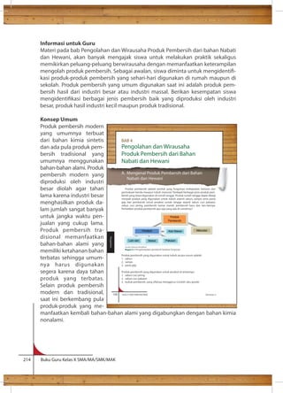 Informasi untuk Guru 
Materi pada bab Pengolahan dan Wirausaha Produk Pembersih dari bahan Nabati 
dan Hewani, akan banyak mengajak siswa untuk melakukan praktik sekaligus 
memikirkan peluang-peluang berwirausaha dengan memanfaatkan keterampilan 
mengolah produk pembersih. Sebagai awalan, siswa diminta untuk mengidenti- 
kasi produk-produk pembersih yang sehari-hari digunakan di rumah maupun di 
sekolah. Produk pembersih yang umum digunakan saat ini adalah produk pem-bersih 
hasil dari industri besar atau industri massal. Berikan kesempatan siswa 
mengidentikasi berbagai jenis pembersih baik yang diproduksi oleh industri 
besar, produk hasil industri kecil maupun produk tradisional. 
Konsep Umum 
Produk pembersih modern 
yang umumnya terbuat 
dari bahan kimia sintetis 
dan ada pula produk pem-bersih 
tradisional yang 
umumnya menggunakan 
bahan-bahan alami. Produk 
pembersih modern yang 
diproduksi oleh industri 
besar diolah agar tahan 
lama karena industri besar 
menghasilkan produk da-lam 
jumlah sangat banyak 
untuk jangka waktu pen-jualan 
yang cukup lama. 
Produk pembersih tra-disional 
memanfaatkan 
bahan-bahan alami yang 
memiliki ketahanan bahan 
terbatas sehingga umum-nya 
harus digunakan 
segera karena daya tahan 
produk yang terbatas. 
Selain produk pembersih 
modern dan tradisional, 
saat ini berkembang pula 
produk-produk yang me-manfaatkan 
BAB 4 
Manusia 
Produk 
Pembersih 
Perabot Alat Makan 
Lain-lain Mebel Pakaian 
Sumber: Dokumen Kemdikbud 
Bagan 4.1 Pengelompokan pembersih berdasar fungsinya 
106 Kelas X SMA/SMK/MA/MAK Semester 2 
kembali bahan-bahan alami yang digabungkan dengan bahan kimia 
nonalami. 
214 Buku Guru Kelas X SMA/MA/SMK/MAK 
Pengolahan dan Wirausaha 
Produk Pembersih dari Bahan 
Nabati dan Hewani 
A. Mengenal Produk Pembersih dari Bahan 
Nabati dan Hewani 
Produk pembersih adalah produk yang fungsinya melepaskan kotoran dari 
permukaan benda maupun tubuh manusia. Terdapat berbagai jenis produk pem-bersih 
yang biasa digunakan di rumah tangga. Produk rumah tangga dapat dibagi 
menjadi produk yang digunakan untuk tubuh seperti sabun, sampo serta pasta 
gigi dan pembersih untuk perabot rumah tangga seperti sabun cuci pakaian, 
sabun cuci piring, pembersih kamar mandi, pembersih kaca dan lain-lainnya. 
Perhatikan produk pembersih apa saja yang ada di rumahmu? 
Produk pembersih yang digunakan untuk tubuh secara umum adalah: 
1. sabun 
2. sampo 
3. pasta gigi 
Produk pembersih yang digunakan untuk perabot di antaranya: 
1. sabun cuci piring 
2. sabun cuci pakaian 
3. bubuk pembersih, yang sifatnya menggerus (contoh: abu gosok) 
Pengolahan 
 