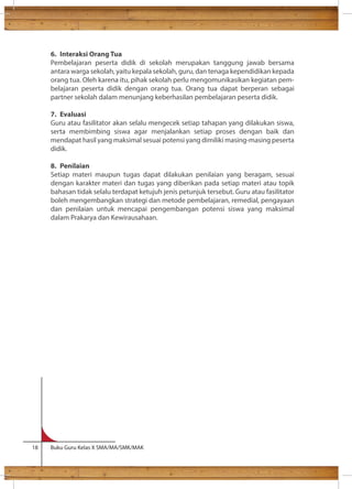 6. Interaksi Orang Tua 
Pembelajaran peserta didik di sekolah merupakan tanggung jawab bersama 
antara warga sekolah, yaitu kepala sekolah, guru, dan tenaga kependidikan kepada 
orang tua. Oleh karena itu, pihak sekolah perlu mengomunikasikan kegiatan pem-belajaran 
peserta didik dengan orang tua. Orang tua dapat berperan sebagai 
partner sekolah dalam menunjang keberhasilan pembelajaran peserta didik. 
7. Evaluasi 
Guru atau fasilitator akan selalu mengecek setiap tahapan yang dilakukan siswa, 
serta membimbing siswa agar menjalankan setiap proses dengan baik dan 
mendapat hasil yang maksimal sesuai potensi yang dimiliki masing-masing peserta 
didik. 
8. Penilaian 
Setiap materi maupun tugas dapat dilakukan penilaian yang beragam, sesuai 
dengan karakter materi dan tugas yang diberikan pada setiap materi atau topik 
bahasan tidak selalu terdapat ketujuh jenis petunjuk tersebut. Guru atau fasilitator 
boleh mengembangkan strategi dan metode pembelajaran, remedial, pengayaan 
dan penilaian untuk mencapai pengembangan potensi siswa yang maksimal 
dalam Prakarya dan Kewirausahaan. 
18 Buku Guru Kelas X SMA/MA/SMK/MAK 
 