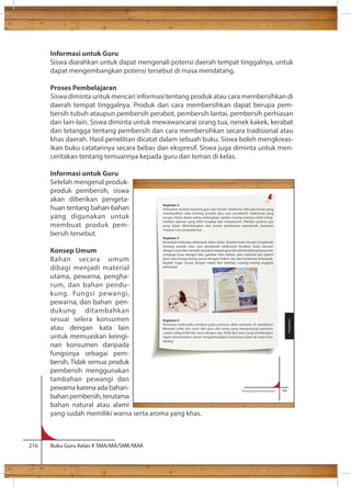 Informasi untuk Guru 
Siswa diarahkan untuk dapat mengenali potensi daerah tempat tinggalnya, untuk 
dapat mengembangkan potensi tersebut di masa mendatang. 
Proses Pembelajaran 
Siswa diminta untuk mencari informasi tentang produk atau cara membersihkan di 
daerah tempat tinggalnya. Produk dan cara membersihkan dapat berupa pem-bersih 
tubuh ataupun pembersih perabot, pembersih lantai, pembersih perhiasan 
dan lain-lain. Siswa diminta untuk mewawancarai orang tua, nenek kakek, kerabat 
dan tetangga tentang pembersih dan cara membersihkan secara tradisional atau 
khas daerah. Hasil penelitian dicatat dalam sebuah buku. Siswa boleh mengkreas-ikan 
buku catatannya secara bebas dan ekspresif. Siswa juga diminta untuk men-ceritakan 
tentang temuannya kepada guru dan teman di kelas. 
Informasi untuk Guru 
Setelah mengenal produk-produk 
pembersih, siswa 
akan diberikan pengeta-huan 
tentang bahan-bahan 
yang digunakan untuk 
membuat produk pem-bersih 
tersebut. 
Konsep Umum 
Bahan secara umum 
dibagi menjadi material 
utama, pewarna, pengha-rum, 
dan bahan pendu-kung. 
Fungsi pewangi, 
pewarna, dan bahan pen-dukung 
ditambahkan 
sesuai selera konsumen 
atau dengan kata lain 
untuk memuaskan keingi-nan 
konsumen daripada 
fungsinya sebagai pem-bersih. 
Tidak semua produk 
pembersih menggunakan 
tambahan pewangi dan 
pewarna karena ada bahan-bahan 
pembersih, terutama 
Produk pembersih juga dapat digolongkan menjadi pembersih tradisional dan 
pembersih modern. Pembersih tradisional memanfaatkan zat kimia alami secara 
langsung Kegiatan tanpa 2 
diolah dahulu contohnya susu kambing yang digunakan untuk 
mandi, Diskusikan dapat di melepaskan kelas bersama sel guru kulit dan mati teman dan sekelasmu. melembabkan Bila ada kulit. teman Pembersih 
yang 
tradisional mendapatkan lain yang data sangat tentang terkenal produk adalah atau batang cara pembersih siwak untuk tradisional membersihkan 
yang 
gigi serupa, dan buah kalian lerak dapat untuk saling mencuci melengkapi pakaian. catatan Pembersih masing-modern masing untuk menggunakan 
meng-hasilkan 
bahan kimia laporan alami maupun yang lebih sintetis lengkap untuk dan diolah menyeluruh. menjadi produk Pikirkan pembersih. 
potensi apa 
yang dapat dikembangkan dari proses pembuatan pembersih, kemasan 
maupun cara penjualannya. 
Kegiatan 3 
Bentuklah beberapa kelompok dalam kelas. Buatlah buku tempel (scrapbook) 
tentang produk atau cara pembersih tradisional tersebut. Buku disusun 
dengan runut dan menarik, tanyakan kepada guru bila ada kesulitan penyusunan. 
Lengkapi buku dengan teks, gambar, foto, bahan, atau material lain seperti 
daun atau bunga kering sesuai dengan materi, ide, dan kreativitas kelompok. 
Bagilah tugas sesuai dengan bakat dan keahlian masing-masing anggota 
kelompok. 
Kegiatan 4 
Pamerkan buku-buku tersebut pada pameran akhir semester di sekolahmu. 
Mintalah kritik dan saran dari guru dan siswa yang mengunjungi pameran, 
catatat setiap kritik dan saran dengan rapi. Kritik dan saran yang membangun, 
dapat dimanfaatkan untuk mengambangkan hasil karya kalian di masa men-datang. 
bahan natural atau alami 
yang sudah memiliki warna serta aroma yang khas. 
216 Buku Guru Kelas X SMA/MA/SMK/MAK 
Prakarya dan Kewirausahaan 109 
Pengolahan 
 