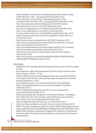 - http://nl.made-in-china.com/co_aemekepulley/product_Plastic-Pulley- 
D-080-390-3225-10IPC-_higssggog.html[7 November 2013] 
- http://nl.made-in-china.com/co_aemekepulley/product_Plas-tic- 
Pulley-D-080-390-3225-10IPC-_higssggog.html[7 November 2013] 
- http://therocketsciencealliance.blogspot.com/2010/07/ird-bicy-cle- 
deant-track-crank-arm-set.html[7 November 2013] 
- http://www.ringgearpinions.com/RackGears.html[7 November 2013] 
- http://source.theengineer.co.uk/motion-control/gears/da-ta- 
sheet-ondrives-tooth-bar-stocks/2008322.article[7 November 2013] 
- http://shop.hpceurope.com/an/produit.asp?prid=3517lie=0nav=3 
[7 November 2013] 
- http://www.brickset.com/parts/?part=4275503[7 November 2013] 
- http://www.mooregoodink.com/news/whats-the-denition-of-a-good-short- 
track-piston/[7 November 2013] 
- http://www.sheldonbrown.com/retroraleighs/catalogs/1977-drawings/ 
- http://bostonbiker.org/tag/bike-parts/[7 November 2013] 
- http://bismacenter.ning.com/forum/topics/jual-van-belt-di-jakarta 
[7 November 2013] 
- http://www.amazon.com/CHEVY-SILVERADO-PICKUP-EXPRESS-SERPEN-TINE/ 
dp/B00C7Y05GQ[7 November 2013] 
Budidaya 
- Mattjik, NA. 2010. Budidaya Bunga Potong dan Hanaman Hias. IPB Press. Bogor. 
451 hal. 
- Bank Indonesia. 2008. Pola Pembiayaan Usaha Kecil Industri Tanaman Hias. 
Bank Indonesia. Jakarta. 79 hal. 
- Deptan. 2008. Buku pedoman budidaya tanaman hias yang baik dan Benar 
(Good Agricultural Practices). Directorat Budidaya Tanaman Hias, Directorat 
jenderal Hotikultura. 41 hal. 
- Jessica Mahoney. 2013. Uses of Ornamental Plants. Demand Media. 
- http://homeguides.sfgate.com/uses-ornamental-plants-22328.html 
[28 October 2013]. 
- http://euphorbiaclub.blogspot.com/2011/01/cara-menyemai-bi-ji- 
adenium.html [28 October 2013]. 
- Direktorat Budidaya dan Pascapanen, Kementrian Pertanian. Florikultura. 
2013. Buku Pintar Seri Pot Lansekap. http//:[orikultura.org/unduhan/- 
Buku_Pintar_Seri_PotLansekap.pdf [28 October 2013] 
- http://id.wikipedia.org/wiki/Tanaman_hias [28 October 2013] 
- http://rianiower.wordpress.com/jenis-tanaman-hias/ [28 October 2013] 
- Balithi. Panduan karakteriasasi Aglonema. http://balithi.litbang.deptan.go.id/- 
siplasmaok/referensi/Pand%20Karakter%20Aglaonema.pdf [28 October 2013] 
- Balithi. 2004. Panduan karakteriasasi Anggrek dan Anthurium. Departemen 
Pertanian. Badan Penelitian dan Pengembangan Pertanian. Komisi Nasional 
Plasma Nutfah 
234 Buku Guru Kelas X SMA/MA/SMK/MAK 
 