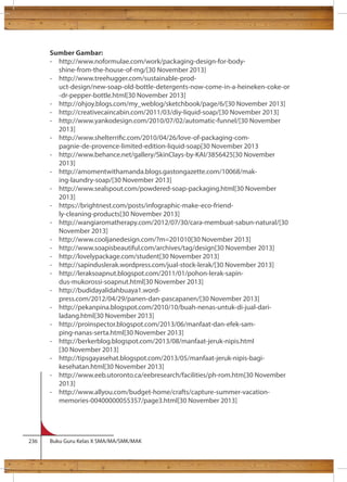 Sumber Gambar: 
- http://www.noformulae.com/work/packaging-design-for-body-shine- 
from-the-house-of-mg/[30 November 2013] 
- http://www.treehugger.com/sustainable-prod-uct- 
design/new-soap-old-bottle-detergents-now-come-in-a-heineken-coke-or 
-dr-pepper-bottle.html[30 November 2013] 
- http://ohjoy.blogs.com/my_weblog/sketchbook/page/6/[30 November 2013] 
- http://creativecaincabin.com/2011/03/diy-liquid-soap/[30 November 2013] 
- http://www.yankodesign.com/2010/07/02/automatic-funnel/[30 November 
2013] 
- http://www.shelterric.com/2010/04/26/love-of-packaging-com-pagnie- 
de-provence-limited-edition-liquid-soap[30 November 2013 
- http://www.behance.net/gallery/SkinClays-by-KAI/3856425[30 November 
2013] 
- http://amomentwithamanda.blogs.gastongazette.com/10068/mak-ing- 
laundry-soap/[30 November 2013] 
- http://www.sealspout.com/powdered-soap-packaging.html[30 November 
2013] 
- https://brightnest.com/posts/infographic-make-eco-friend-ly- 
cleaning-products[30 November 2013] 
- http://wangiaromatherapy.com/2012/07/30/cara-membuat-sabun-natural/[30 
November 2013] 
- http://www.cooljanedesign.com/?m=201010[30 November 2013] 
- http://www.soapisbeautiful.com/archives/tag/design[30 November 2013] 
- http://lovelypackage.com/student[30 November 2013] 
- http://sapinduslerak.wordpress.com/jual-stock-lerak/[30 November 2013] 
- http://leraksoapnut.blogspot.com/2011/01/pohon-lerak-sapin-dus- 
mukorossi-soapnut.html[30 November 2013] 
- http://budidayalidahbuaya1.word-press. 
com/2012/04/29/panen-dan-pascapanen/[30 November 2013] 
- http://pekanpina.blogspot.com/2010/10/buah-nenas-untuk-di-jual-dari-ladang. 
html[30 November 2013] 
- http://proinspector.blogspot.com/2013/06/manfaat-dan-efek-sam-ping- 
nanas-serta.html[30 November 2013] 
- http://berkerblog.blogspot.com/2013/08/manfaat-jeruk-nipis.html 
[30 November 2013] 
- http://tipsgayasehat.blogspot.com/2013/05/manfaat-jeruk-nipis-bagi-kesehatan. 
html[30 November 2013] 
- http://www.eeb.utoronto.ca/eebresearch/facilities/ph-rom.htm[30 November 
2013] 
- http://www.allyou.com/budget-home/crafts/capture-summer-vacation-memories- 
00400000055357/page3.html[30 November 2013] 
236 Buku Guru Kelas X SMA/MA/SMK/MAK 
