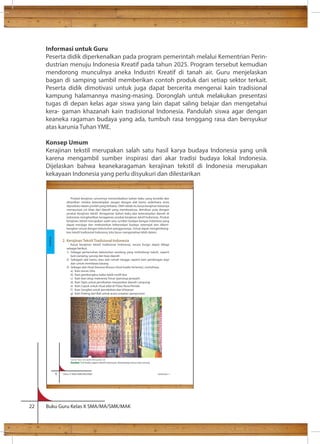 Informasi untuk Guru 
Peserta didik diperkenalkan pada program pemerintah melalui Kementrian Perin-dustrian 
menuju Indonesia Kreatif pada tahun 2025. Program tersebut kemudian 
mendorong munculnya aneka Industri Kreatif di tanah air. Guru menjelaskan 
bagan di samping sambil memberikan contoh produk dari setiap sektor terkait. 
Peserta didik dimotivasi untuk juga dapat bercerita mengenai kain tradisional 
kampung halamannya masing-masing. Doronglah untuk melakukan presentasi 
tugas di depan kelas agar siswa yang lain dapat saling belajar dan mengetahui 
kera- gaman khazanah kain tradisional Indonesia. Pandulah siswa agar dengan 
keaneka ragaman budaya yang ada, tumbuh rasa tenggang rasa dan bersyukur 
atas karunia Tuhan YME. 
Konsep Umum 
Kerajinan tekstil merupakan salah satu hasil karya budaya Indonesia yang unik 
karena mengambil sumber inspirasi dari akar tradisi budaya lokal Indonesia. 
Dijelaskan bahwa keanekaragaman kerajinan tekstil di Indonesia merupakan 
kekayaan Indonesia yang perlu disyukuri dan dilestarikan 
Produk kerajinan umumnya memanfaatkan bahan baku yang tersedia dan 
dihasilkan melalui keterampilan tangan dengan alat bantu sederhana serta 
diproduksi dalam jumlah yang terbatas. Oleh sebab itu karya kerajinan biasanya 
mempunyai ciri khas dari daerah yang membuatnya, demikian pula dengan 
produk kerajinan tekstil. Keragaman bahan baku dan keterampilan daerah di 
Indonesia menghasilkan keragaman produk kerajinan tekstil Indonesia. Produk 
kerajinan tekstil merupakan salah satu sumber budaya bangsa Indonesia yang 
dapat menjaga dan melestarikan keberadaan budaya setempat dan dikem-bangkan 
sesuai dengan kebutuhan penggunanya. Untuk dapat mengembang-kan 
tekstil tradisional Indonesia, kita harus mengenalnya lebih dalam. 
2. Kerajinan Tekstil Tradisional Indonesia 
Karya kerajinan tekstil tradisional Indonesia, secara fungsi dapat dibagi 
sebagai berikut. 
1) Sebagai pemenuhan kebutuhan sandang yang melindungi tubuh, seperti 
kain panjang, sarung dan baju daerah 
2) Sebagain alat bantu atau alat rumah tangga, seperti kain gendongan bayi 
dan untuk membawa barang 
3) Sebagai alat ritual (busana khusus ritual tradisi tertentu), contohnya, 
a) Kain tenun Ulos 
b) Kain pembungkus kafan batik motif doa 
c) Kain ikat celup Indonesia Timur (penutup jenazah) 
d) Kain Tapis untuk pernikahan masyarakat daerah Lampung 
e) Kain Cepuk untuk ritual adat di Pulau Nusa Penida 
f ) Kain Songket untuk pernikahan dan khitanan 
g) Kain Poleng dari Bali untuk acara ruwatan (penyucian) 
Sumber: https://encrypted-tbn3.gstatic.com 
Gambar 1.3 Aneka ragam tekstil Indonesia, diantaranya tenun dan sarung 
6 Kelas X SMA/SMK/MA/MAK Semester 1 
Kerajinan 
22 Buku Guru Kelas X SMA/MA/SMK/MAK 
 