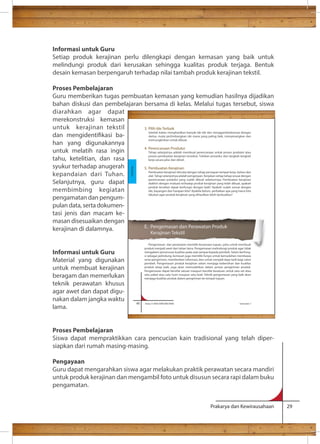 Informasi untuk Guru 
Setiap produk kerajinan perlu dilengkapi dengan kemasan yang baik untuk 
melindungi produk dari kerusakan sehingga kualitas produk terjaga. Bentuk 
desain kemasan berpengaruh terhadap nilai tambah produk kerajinan tekstil. 
Proses Pembelajaran 
Guru memberikan tugas pembuatan kemasan yang kemudian hasilnya dijadikan 
bahan diskusi dan pembelajaran bersama di kelas. Melalui tugas tersebut, siswa 
diarahkan agar dapat 
merekonstruksi kemasan 
untuk kerajinan tekstil 
3. Pilih Ide Terbaik 
dan mengidentikasi ba-han 
Setelah kalian menghasilkan banyak ide-ide dan menggambarkannya dengan 
sketsa, mulai pertimbangkan ide mana yang paling baik, menyenangkan dan 
memungkinkan untuk dibuat. 
4. Perencanaan Produksi 
Tahap selanjutnya adalah membuat perencanaan untuk proses produksi atau 
proses pembuatan kerajinan tersebut. Tuliskan prosedur dan langkah-langkah 
kerja secara jelas dan detail. 
5. Pembuatan Kerajinan 
Pembuatan kerajinan dimulai dengan tahap persiapan tempat kerja, bahan dan 
alat. Tahap selanjutnya adalah pengerjaan. Kerjakan setiap tahap sesuai dengan 
perencanaan produksi yang sudah dibuat sebelumnya. Pembuatan kerajinan 
diakhiri dengan evaluasi terhadap produk kerajinan yang telah dibuat, apakah 
produk tersebut dapat berfungsi dengan baik? Apakah sudah sesuai dengan 
ide, bayangan dan harapan kita? Apabila belum, perbaikan apa yang harus kita 
lakukan agar produk kerajinan yang dihasilkan lebih berkualitas? 
E. Pengemasan dan Perawatan Produk 
Kerajinan Tekstil 
Pengemasan dan perawatan memiliki kesamaan tujuan, yaitu untuk membuat 
produk menjadi awet dan tahan lama. Pengemasan melindungi produk agar tidak 
mengalami penurunan kualitas pada saat sampai kepada pembeli. Selain berfung-si 
sebagai pelindung, kemasan juga memiliki fungsi untuk kemudahan membawa 
serta pengiriman, memberikan informasi, dan untuk menjadi daya tarik bagi calon 
pembeli. Pengemasan produk kerajinan selain menjaga kebersihan dan kualitas 
produk tetap baik, juga akan memudahkan dalam proses pengiriman produk. 
Pengemasan dapat bersifat satuan maupun bersifat kesatuan untuk satu set atau 
satu paket atau satu lusin maupun satu kodi. Teknik pengemasan yang baik akan 
menjaga kualitas produk dalam pengiriman ke tempat tujuan. 
46 Kelas X SMA/SMK/MA/MAK Semester 1 
Prakarya dan Kewirausahaan 29 
yang digunakannya 
untuk melatih rasa ingin 
tahu, ketelitian, dan rasa 
syukur terhadap anugerah 
kepandaian dari Tuhan. 
Selanjutnya, guru dapat 
membimbing kegiatan 
pengamatan dan pengum-pulan 
data, serta dokumen-tasi 
jenis dan macam ke-masan 
disesuaikan dengan 
kerajinan di dalamnya. 
Informasi untuk Guru 
Material yang digunakan 
untuk membuat kerajinan 
beragam dan memerlukan 
teknik perawatan khusus 
agar awet dan dapat digu-nakan 
dalam jangka waktu 
lama. 
Kerajinan 
Proses Pembelajaran 
Siswa dapat mempraktikkan cara pencucian kain tradisional yang telah diper-siapkan 
dari rumah masing-masing. 
Pengayaan 
Guru dapat mengarahkan siswa agar melakukan praktik perawatan secara mandiri 
untuk produk kerajinan dan mengambil foto untuk disusun secara rapi dalam buku 
pengamatan. 
 