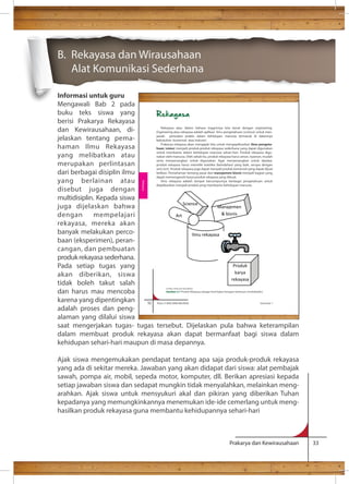 Rekayasa 
Rekayasa atau dalam bahasa Inggrisnya kita kenal dengan engineering. 
Engineering atau rekayasa adalah aplikasi ilmu pengetahuan (science) untuk men-jawab 
persoalan praktis dalam kehidupan manusia termasuk di dalamnya 
kebutuhan komersial atau Industri. 
Prakarya rekayasa akan mengajak kita untuk mengaplikasikan ilmu pengeta-huan 
(science) menjadi produk-produk rekayasa sederhana yang dapat digunakan 
untuk membantu dalam kehidupan manusia sehari-hari. Produk rekayasa digu-nakan 
oleh manusia. Oleh sebab itu, produk rekayasa harus aman, nyaman, mudah 
serta menyenangkan untuk digunakan. Agar menyenangkan untuk dipakai, 
produk rekayasa harus memiliki estetika (keindahan) yang baik, serupa dengan 
seni (art). Produk rekayasa juga dapat menjadi produk komersial yang dapat dijual 
belikan. Pemahaman tentang pasar dan manajemen bisnis menjadi bagian yang 
dapat memengaruhi karya produk rekayasa yang dibuat. 
Ilmu rekayasa adalah tempat bercampurnya berbagai pengetahuan untuk 
diaplikasikan menjadi produk yang membantu kehidupan manusia. 
Science 
Art 
Manajemen 
 bisnis 
Produk 
karya 
rekayasa 
Ilmu rekayasa 
Sumber: Dokumen Kemdikbud 
Gambar 3.1 Produk Rekayasa sebagai hasil kajian beragam keilmuan (multidisiplin) 
52 Kelas X SMA/SMK/MA/MAK Semester 1 
Prakarya dan Kewirausahaan 33 
B. Rekayasa dan Wirausahaan 
Alat Komunikasi Sederhana 
Informasi untuk guru 
Mengawali Bab 2 pada 
buku teks siswa yang 
berisi Prakarya Rekayasa 
dan Kewirausahaan, di-jelaskan 
tentang pema-haman 
Ilmu Rekayasa 
yang melibatkan atau 
merupakan perlintasan 
dari berbagai disiplin ilmu 
yang berlainan atau 
disebut juga dengan 
multidisiplin. Kepada siswa 
juga dijelaskan bahwa 
dengan mempelajari 
rekayasa, mereka akan 
banyak melakukan perco-baan 
(eksperimen), peran-cangan, 
dan pembuatan 
produk rekayasa sederhana. 
Pada setiap tugas yang 
akan diberikan, siswa 
tidak boleh takut salah 
dan harus mau mencoba 
karena yang dipentingkan 
adalah proses dan peng-alaman 
yang dilalui siswa 
Rekayasa 
saat mengerjakan tugas- tugas tersebut. Dijelaskan pula bahwa keterampilan 
dalam membuat produk rekayasa akan dapat bermanfaat bagi siswa dalam 
kehidupan sehari-hari maupun di masa depannya. 
Ajak siswa mengemukakan pendapat tentang apa saja produk-produk rekayasa 
yang ada di sekitar mereka. Jawaban yang akan didapat dari siswa: alat pembajak 
sawah, pompa air, mobil, sepeda motor, komputer, dll. Berikan apresiasi kepada 
setiap jawaban siswa dan sedapat mungkin tidak menyalahkan, melainkan meng-arahkan. 
Ajak siswa untuk mensyukuri akal dan pikiran yang diberikan Tuhan 
kepadanya yang memungkinkannya menemukan ide-ide cemerlang untuk meng-hasilkan 
produk rekayasa guna membantu kehidupannya sehari-hari 
 