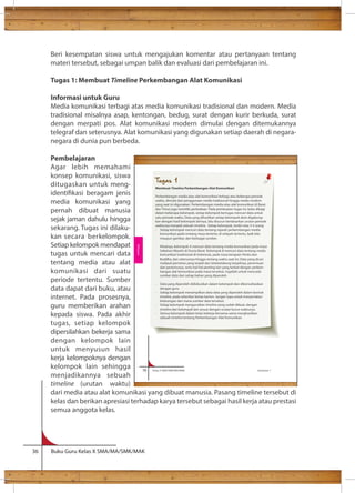 Beri kesempatan siswa untuk mengajukan komentar atau pertanyaan tentang 
materi tersebut, sebagai umpan balik dan evaluasi dari pembelajaran ini. 
Tugas 1: Membuat Timeline Perkembangan Alat Komunikasi 
Informasi untuk Guru 
Media komunikasi terbagi atas media komunikasi tradisional dan modern. Media 
tradisional misalnya asap, kentongan, bedug, surat dengan kurir berkuda, surat 
dengan merpati pos. Alat komunikasi modern dimulai dengan ditemukannya 
telegraf dan seterusnya. Alat komunikasi yang digunakan setiap daerah di negara-negara 
di dunia pun berbeda. 
Pembelajaran 
Agar lebih memahami 
konsep komunikasi, siswa 
ditugaskan untuk meng-identi 
kasi beragam jenis 
media komunikasi yang 
pernah dibuat manusia 
sejak jaman dahulu hingga 
sekarang. Tugas ini dilaku-kan 
secara berkelompok. 
Setiap kelompok mendapat 
tugas untuk mencari data 
tentang media atau alat 
komunikasi dari suatu 
periode tertentu. Sumber 
data dapat dari buku, atau 
internet. Pada prosesnya, 
guru memberikan arahan 
kepada siswa. Pada akhir 
tugas, setiap kelompok 
dipersilahkan bekerja sama 
dengan kelompok lain 
untuk menyusun hasil 
kerja kelompoknya dengan 
kelompok lain sehingga 
56 Kelas X SMA/SMK/MA/MAK Semester 1 
menjadikannya sebuah 
timeline (urutan waktu) 
dari media atau alat komunikasi yang dibuat manusia. Pasang timeline tersebut di 
kelas dan berikan apresiasi terhadap karya tersebut sebagai hasil kerja atau prestasi 
semua anggota kelas. 
36 Buku Guru Kelas X SMA/MA/SMK/MAK 
Ilmu 
Rekayasa 
Tugas 1 
Membuat Timeline Perkembangan Alat Komunikasi 
Perkembangan media atau alat komunikasi terbagi atas beberapa periode 
waktu, dimulai dari penggunaan media tradisional hingga media modern 
yang saat ini digunakan. Perkembangan media atau alat komunikasi di Barat 
dan Timur juga memiliki perbedaan. Pada pembuatan tugas ini, kelas dibagi 
dalam beberapa kelompok, setiap kelompok bertugas mencari data untuk 
satu periode waktu. Data yang dihasilkan setiap kelompok akan digabung-kan 
dengan hasil kelompok lainnya, lalu disusun berdasarkan urutan periode 
waktunya menjadi sebuah timeline. Setiap kelompok, terdiri atas 3-5 orang 
- Setiap kelompok mencari data tentang sejarah perkembangan media 
komunikasi pada rentang masa tertentu di wilayah tertentu, baik teks 
maupun gambar, dari berbagai sumber. 
Misalnya, kelompok A mencari data tentang media komunikasi pada masa 
Sebelum Masehi di Dunia Barat. Kelompok B mencari data tentang media 
komunikasi tradisional di Indonesia, pada masa kerajaan Hindu dan 
Buddha, dan seterusnya hingga rentang waktu saat ini. Data yang dicari 
meliputi peristiwa yang terjadi dan latarbelakang terjadinya, penemuan 
dan penemunya, serta hal-hal penting lain yang terkait dengan perkem-bangan 
alat komunikasi pada masa tersebut. Ingatlah untuk mencatat 
sumber data dari setiap bahan yang diperoleh. 
- Data yang diperoleh didiskusikan dalam kelompok dan dikonsultasikan 
dengan guru. 
- Setiap kelompok menampilkan data-data yang diperoleh dalam bentuk 
timeline, pada selembar kertas karton. Jangan lupa untuk menyertakan 
keterangan dari mana sumber data tersebut. 
- Setiap kelompok mengurutkan timeline yang sudah dibuat, dengan 
timeline dari kelompok lain sesuai dengan urutan kurun waktunya. 
- Semua kelompok dalam kelas bekerja bersama-sama menghasilkan 
sebuah timeline tentang Perkembangan Alat Komunikasi 
 