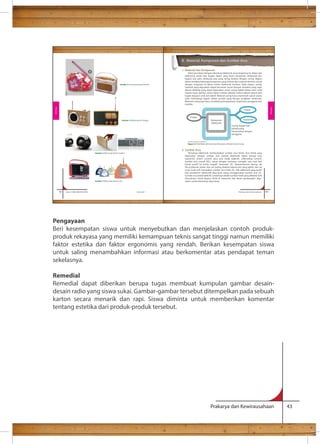 mempertimbangkan 
B. Material, Komponen dan Sumber Arus 
Pengayaan 
Beri kesempatan siswa untuk menyebutkan dan menjelaskan contoh produk-produk 
rekayasa yang memiliki kemampuan teknis sangat tinggi namun memiliki 
faktor estetika dan faktor ergonomis yang rendah. Berikan kesempatan siswa 
untuk saling menambahkan informasi atau berkomentar atas pendapat teman 
sekelasnya. 
Remedial 
Remedial dapat diberikan berupa tugas membuat kumpulan gambar desain-desain 
radio yang siswa sukai. Gambar-gambar tersebut ditempelkan pada sebuah 
karton secara menarik dan rapi. Siswa diminta untuk memberikan komentar 
tentang estetika dari produk-produk tersebut. 
Prakarya dan Kewirausahaan 43 
62 Kelas X SMA/SMK/MA/MAK Semester 1 
Rekayasa 
Gambar 2.11 Konsep desain feminin 
Gambar 2.12 Konsep Eco Design 
Gambar 2.13 Konsep desain modern 
Gambar 2.14 Konsep desain retro 
Prakarya dan Kewirausahaan 63 
1. Material dan Komponen 
Alat komunikasi dengan teknologi elektronik yang tergolong ke dalam alat 
elektronik, terdiri dari bagian dalam yang berisi komponen elektronik dan 
bagian luar yaitu selubung atau yang sering disebut dengan casing. Bagian 
dalam terdapat beberapa komponen yang terbuat dari material tertentu sesuai 
dengan fungsinya di dalam sistem elektronik tersebut. Pada bagian casing, 
material yang digunakan dapat bervariasi sesuai dengan tampilan yang ingin 
dibuat. Material yang dapat digunakan untuk casing adalah bahan alam solid 
(seperti kayu, bambu, rotan) bahan sintetis (plastik), bahan olahan seperti plat 
logam ataupun serat dan tekstil. Material casing harus memenuhi syarat utama 
yaitu melindungi bagian dalam produk yang berupa rangkaian elektronik. 
Material casing juga harus mendukung kenyamanan, keamanan pengguna dan 
estetika. 
2. Sumber Arus 
Teknologi elektronik membutuhkan sumber arus listrik. Arus listrik yang 
digunakan sebagai sumber arus produk elektronik dapat berupa arus 
searah/DC (Direct Current) atau arus bolak balik/AC (Alternating Current). 
Sumber arus searah (DC), sesuai dengan namanya, mengalir satu arah dari 
kutub positif ke kutub negatif. Generator DC, baterai/elemen kering, aki 
(Accu)/elemen basah, bias sel (sering disebut baterai jam yang pipih), dan sel 
surya (solar cell) merupakan sumber arus listrik DC. Alat elektronik yang terdiri 
atas komponen elektronik daya kecil cukup menggunakan sumber arus DC. 
Sumber arus bolak balik/AC contohnya adalah sumber listrik yang dikelola oleh 
Perusahaan Listrik Negara (PLN) di Indonesia dan diesel pembangkit, digu-nakan 
untuk kebutuhan daya besar. 
Rekayasa 
Fungsi 
Komponen 
Elektronik 
Estetis 
Ergonomis 
Casing, bagian luar 
produk yang 
bersentuhan dengan 
pengguna 
Sumber: Dokumen Kemdikbud 
Bagan 2.3 Alat Elektronik terdiri atas Komponen Elektronik dan Casing 
 