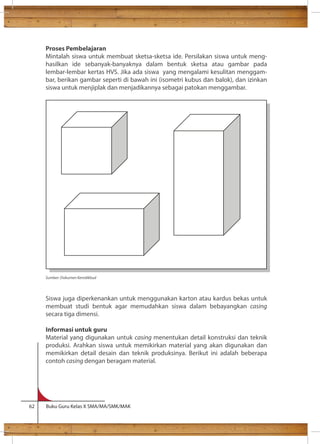 Proses Pembelajaran 
Mintalah siswa untuk membuat sketsa-sketsa ide. Persilakan siswa untuk meng-hasilkan 
ide sebanyak-banyaknya dalam bentuk sketsa atau gambar pada 
lembar-lembar kertas HVS. Jika ada siswa yang mengalami kesulitan menggam-bar, 
berikan gambar seperti di bawah ini (isometri kubus dan balok), dan izinkan 
siswa untuk menjiplak dan menjadikannya sebagai patokan menggambar. 
Sumber: Dokumen Kemdikbud 
Siswa juga diperkenankan untuk menggunakan karton atau kardus bekas untuk 
membuat studi bentuk agar memudahkan siswa dalam bebayangkan casing 
secara tiga dimensi. 
Informasi untuk guru 
Material yang digunakan untuk casing menentukan detail konstruksi dan teknik 
produksi. Arahkan siswa untuk memikirkan material yang akan digunakan dan 
memikirkan detail desain dan teknik produksinya. Berikut ini adalah beberapa 
contoh casing dengan beragam material. 
62 Buku Guru Kelas X SMA/MA/SMK/MAK 
 