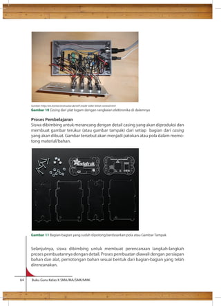 Sumber: http://en.homeconstructor.de/self-made-roller-blind-control.html 
Gambar 10 Casing dari plat logam dengan rangkaian elektronika di dalamnya 
Proses Pembelajaran 
Siswa dibimbing untuk merancang dengan detail casing yang akan diproduksi dan 
membuat gambar terukur (atau gambar tampak) dari setiap bagian dari casing 
yang akan dibuat. Gambar tersebut akan menjadi patokan atau pola dalam memo-tong 
material/bahan. 
Gambar 11 Bagian-bagian yang sudah dipotong berdasarkan pola atau Gambar Tampak 
Selanjutnya, siswa dibimbing untuk membuat perencanaan langkah-langkah 
proses pembuatannya dengan detail. Proses pembuatan diawali dengan persiapan 
bahan dan alat, pemotongan bahan sesuai bentuk dari bagian-bagian yang telah 
direncanakan. 
64 Buku Guru Kelas X SMA/MA/SMK/MAK 
 