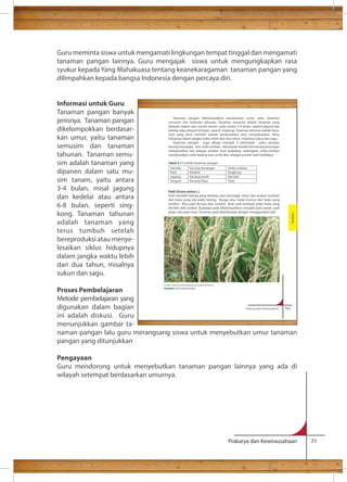Guru meminta siswa untuk mengamati lingkungan tempat tinggal dan mengamati 
tanaman pangan lainnya. Guru mengajak siswa untuk mengungkapkan rasa 
syukur kepada Yang Mahakuasa tentang keanekaragaman tanaman pangan yang 
dilimpahkan kepada bangsa Indonesia dengan percaya diri. 
Tanaman pangan dikelompokkan berdasarkan umur, yaitu tanaman 
semusim dan tanaman tahunan. Tanaman semusim adalah tanaman yang 
dipanen dalam satu musim tanam, yaitu antara 3-4 bulan, seperti jagung dan 
kedelai atau antara 6-8 bulan, seperti singkong. Tanaman tahunan adalah tana-man 
yang terus tumbuh setelah bereproduksi atau menyelesaikan siklus 
hidupnya dalam jangka waktu lebih dari dua tahun, misalnya sukun dan sagu. 
Tanaman pangan juga dibagi menjadi 3 kelompok yaitu serealia, 
kacang-kacangan, dan umbi-umbian. Kelompok serealia dan kacang-kacangan 
menghasilkan biji sebagai produk hasil budidaya, sedangkan umbi-umbian 
menghasilkan umbi batang atau umbi akar sebagai produk hasil budidaya. 
Tabel 2.1 Contoh tanaman pangan 
Serealia Kacang-kacangan Umbi-umbian 
Padi Kedelai Singkong 
Jagung Kacang tanah Ubi jalar 
Sorgum Kacang hijau Talas 
Padi (Oryza sativa L.) 
Padi memiliki batang yang berbuku dan berongga. Daun dan anakan tumbuh 
dari buku yang ada pada batang. Bunga atau malai muncul dari buku yang 
terakhir. Akar padi berupa akar serabut. Bulir padi terdapat pada malai yang 
dimiliki oleh anakan. Budidaya padi dikelompokkan menjadi padi sawah, padi 
gogo, dan padi rawa. Tanaman padi diperbanyak dengan menggunakan biji. 
Prakarya dan Kewirausahaan 103 
Budidaya 
Prakarya dan Kewirausahaan 71 
Informasi untuk Guru 
Tanaman pangan banyak 
jenisnya. Tanaman pangan 
dikelompokkan berdasar-kan 
umur, yaitu tanaman 
semusim dan tanaman 
tahunan. Tanaman semu-sim 
adalah tanaman yang 
dipanen dalam satu mu-sim 
tanam, yaitu antara 
3-4 bulan, misal jagung 
dan kedelai atau antara 
6-8 bulan, seperti sing-kong. 
Tanaman tahunan 
adalah tanaman yang 
terus tumbuh setelah 
bereproduksi atau menye-lesaikan 
siklus hidupnya 
dalam jangka waktu lebih 
dari dua tahun, misalnya 
sukun dan sagu. 
Proses Pembelajaran 
Metode pembelajaran yang 
digunakan dalam bagian 
ini adalah diskusi. Guru 
menunjukkan gambar ta-naman 
Sumber: http://www.litbang.deptan.go.id/berita/one/412/ 
Gambar 3.2 Tanaman padi 
pangan lalu guru merangsang siswa untuk menyebutkan umur tanaman 
pangan yang ditunjukkan 
Pengayaan 
Guru mendorong untuk menyebutkan tanaman pangan lainnya yang ada di 
wilayah setempat berdasarkan umurnya. 
 