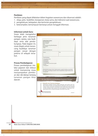 Penilaian 
Penilaian yang dapat dilakukan dalam kegiatan wawancara dan observasi adalah: 
1. sikap, yaitu keaktifan, kesopanan, kerja sama, dan toleransi saat wawancara; 
2. pengetahuan, ketepatan, dan kerincian pengetahuan; 
3. keterampilan, kemampuan bertanya untuk menggali informasi. 
Informasi untuk Guru 
Siswa telah mengetahui 
berbagai jenis tanaman 
pangan, sarana, cara budi-daya 
serta alat pendu-kungnya. 
Pada bagian ini, 
siswa diajak untuk meran-cang 
budidaya tanaman 
pangan sesuai dengan 
potensi di wilayah terse-but. 
Proses Pembelajaran 
Proses pembelajaran me-lalui 
paparan dan diskusi 
untuk memancing siswa 
menyampaikan pemikir-an 
dan ide-idenya tentang 
tanaman pangan khas 
daerah. 
Bahan: 
Alat: 
Teknik Budidaya 
1. Pengolahan lahan 
2. Penanaman 
3. Pemupukan 
4. Pemeliharaan 
5. Pengendalian hama dan penyakit 
6. Panen 
7. Pascapanen 
130 Kelas X SMA/SMK/MA/MAK Semester 1 
84 Buku Guru Kelas X SMA/MA/SMK/MAK 
D. Cara Merancang Budidaya Tanaman Pangan 
1. Memilih Jenis Tanaman Budidaya 
Keberhasilan budidaya tanaman pangan ditentukan oleh kondisi tanah dan 
iklim di daerah tersebut, atau disebut dengan lingkungan mikro tanaman yang 
meliputi cahaya, temperatur, kelembaban udara relatif, kadar karbon dioksida 
di udara, kecepatan angin, polutan dan zona pengakaran. Perancangan budi-daya 
tanaman harus mempertimbangkan hal tersebut secara teliti. 
Budidaya 
Lembar Kerja 4 (LK 4) 
Nama kelompok : 
Nama anggota : 
Kelas : 
Jenis tanaman yang dibudidayakan : 
Nama petani : 
Lokasi : 
Laporan hasil observasi 
Diskusikanlah dengan teman sekelompokmu apakah budidaya yang dilaku-kan 
sudah sesuai dengan standar untuk menghasilkan pangan hasil pertani-an 
yang baik! 
 