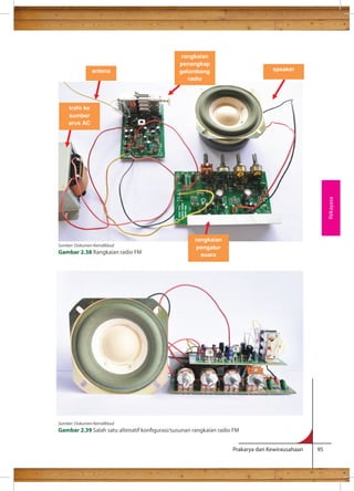 Sumber: Dokumen Kemdikbud 
Gambar 2.38 Rangkaian radio FM 
Selanjutnya adalah menghubungkan komponen-komponen dengan kabel. 
Potong kabel sesuai ukuran yang diperlukan. Lepaskan bagian selubung kabel 
yang menutupi kawat bagian dalam, kurang lebih 0.5 cm. Untuk memudahkan 
pemasangan, lapisi setiap ujung kawat dengan timah dengan bantuan solder. 
Pasangkan ujung kawat pada komponen dengan memanaskan dengan solder 
bagian kawat yang sudah bertimah. 
Prakarya dan Kewirausahaan 95 
Rekayasa 
antena 
trafo ke 
sumber 
arus AC 
rangkaian 
penangkap 
gelombang 
radio 
speaker 
rangkaian 
pengatur 
suara 
Sumber: Dokumen Kemdikbud 
Gambar 2.39 Salah satu altenatif kongurasi/susunan rangkaian radio FM 
 