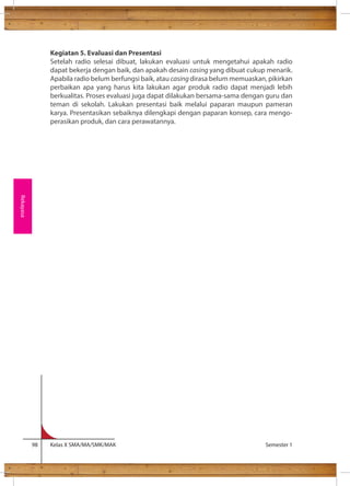 Kegiatan 5. Evaluasi dan Presentasi 
Setelah radio selesai dibuat, lakukan evaluasi untuk mengetahui apakah radio 
dapat bekerja dengan baik, dan apakah desain casing yang dibuat cukup menarik. 
Apabila radio belum berfungsi baik, atau casing dirasa belum memuaskan, pikirkan 
perbaikan apa yang harus kita lakukan agar produk radio dapat menjadi lebih 
berkualitas. Proses evaluasi juga dapat dilakukan bersama-sama dengan guru dan 
teman di sekolah. Lakukan presentasi baik melalui paparan maupun pameran 
karya. Presentasikan sebaiknya dilengkapi dengan paparan konsep, cara mengo-perasikan 
produk, dan cara perawatannya. 
98 Kelas X SMA/MA/SMK/MAK Semester 1 
Rekayasa 
 