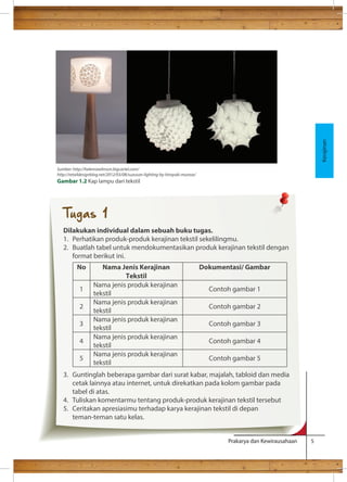 Prakarya dan Kewirausahaan 5 
Kerajinan 
Sumber: http://helenrawlinson.bigcartel.com/ 
http://retaildesignblog.net/2012/03/08/suzusan-lighting-by-hiroyuki-murase/ 
Gambar 1.2 Kap lampu dari tekstil 
Tugas 1 
Dilakukan individual dalam sebuah buku tugas. 
1. Perhatikan produk-produk kerajinan tekstil sekelilingmu. 
2. Buatlah tabel untuk mendokumentasikan produk kerajinan tekstil dengan 
format berikut ini. 
No Nama Jenis Kerajinan 
Tekstil 
3. Guntinglah beberapa gambar dari surat kabar, majalah, tabloid dan media 
cetak lainnya atau internet, untuk direkatkan pada kolom gambar pada 
tabel di atas. 
4. Tuliskan komentarmu tentang produk-produk kerajinan tekstil tersebut 
5. Ceritakan apresiasimu terhadap karya kerajinan tekstil di depan 
teman-teman satu kelas. 
Dokumentasi/ Gambar 
1 Nama jenis produk kerajinan 
tekstil 
Contoh gambar 1 
2 
Nama jenis produk kerajinan 
tekstil Contoh gambar 2 
3 
Nama jenis produk kerajinan 
tekstil Contoh gambar 3 
4 Nama jenis produk kerajinan 
tekstil 
Contoh gambar 4 
5 Nama jenis produk kerajinan 
tekstil 
Contoh gambar 5 
 