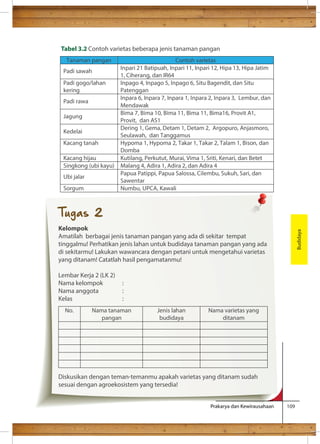Tabel 3.2 Contoh varietas beberapa jenis tanaman pangan 
Nama varietas yang 
ditanam 
Prakarya dan Kewirausahaan 109 
Budidaya 
Tanaman pangan Contoh varietas 
Padi sawah Inpari 21 Batipuah, Inpari 11, Inpari 12, Hipa 13, Hipa Jatim 
1, Ciherang, dan IR64 
Padi gogo/lahan 
kering 
Inpago 4, Inpago 5, Inpago 6, Situ Bagendit, dan Situ 
Patenggan 
Padi rawa Inpara 6, Inpara 7, Inpara 1, Inpara 2, Inpara 3, Lembur, dan 
Mendawak 
Jagung Bima 7, Bima 10, Bima 11, Bima 11, Bima16, Provit A1, 
Provit, dan AS1 
Kedelai Dering 1, Gema, Detam 1, Detam 2, Argopuro, Anjasmoro, 
Seulawah, dan Tanggamus 
Kacang tanah Hypoma 1, Hypoma 2, Takar 1, Takar 2, Talam 1, Bison, dan 
Domba 
Kacang hijau Kutilang, Perkutut, Murai, Vima 1, Sriti, Kenari, dan Betet 
Singkong (ubi kayu) Malang 4, Adira 1, Adira 2, dan Adira 4 
Ubi jalar Papua Patippi, Papua Salossa, Cilembu, Sukuh, Sari, dan 
Sawentar 
Sorgum Numbu, UPCA, Kawali 
Tugas 2 
Kelompok 
Amatilah berbagai jenis tanaman pangan yang ada di sekitar tempat 
tinggalmu! Perhatikan jenis lahan untuk budidaya tanaman pangan yang ada 
di sekitarmu! Lakukan wawancara dengan petani untuk mengetahui varietas 
yang ditanam! Catatlah hasil pengamatanmu! 
Lembar Kerja 2 (LK 2) 
Nama kelompok : 
Nama anggota : 
Kelas : 
No. Nama tanaman 
pangan 
Jenis lahan 
budidaya 
Diskusikan dengan teman-temanmu apakah varietas yang ditanam sudah 
sesuai dengan agroekosistem yang tersedia! 
 