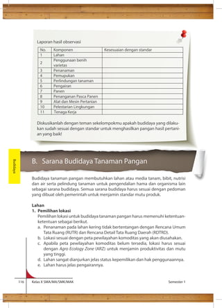 No. Komponen Kesesuaian dengan standar 
1 Lahan 
2 
Penggunaan benih 
varietas 
3 Penanaman 
4 Pemupukan 
5 Perlindungan tanaman 
6 Pengairan 
7 Panen 
8 Penanganan Pasca Panen 
9 Alat dan Mesin Pertanian 
10 Pelestarian Lingkungan 
11 Tenaga Kerja 
B. Sarana Budidaya Tanaman Pangan 
Budidaya tanaman pangan membutuhkan lahan atau media tanam, bibit, nutrisi 
dan air serta pelindung tanaman untuk pengendalian hama dan organisma lain 
sebagai sarana budidaya. Semua sarana budidaya harus sesuai dengan pedoman 
yang dibuat oleh pemerintah untuk menjamin standar mutu produk. 
Lahan 
1. Pemilihan lokasi 
Pemilihan lokasi untuk budidaya tanaman pangan harus memenuhi ketentuan-ketentuan 
sebagai berikut. 
a. Penanaman pada lahan kering tidak bertentangan dengan Rencana Umum 
Tata Ruang (RUTR) dan Rencana Detail Tata Ruang Daerah (RDTRD). 
b. Lokasi sesuai dengan peta pewilayahan komoditas yang akan diusahakan. 
c. Apabila peta pewilayahan komoditas belum tersedia, lokasi harus sesuai 
dengan Agro Ecology Zone (ARZ) untuk menjamin produktivitas dan mutu 
yang tinggi. 
d. Lahan sangat dianjurkan jelas status kepemilikan dan hak penggunaannya. 
e. Lahan harus jelas pengairannya. 
116 Kelas X SMA/MA/SMK/MAK Semester 1 
Budidaya 
Laporan hasil observasi 
Diskusikanlah dengan teman sekelompokmu apakah budidaya yang dilaku-kan 
sudah sesuai dengan standar untuk menghasilkan pangan hasil pertani-an 
yang baik! 
 