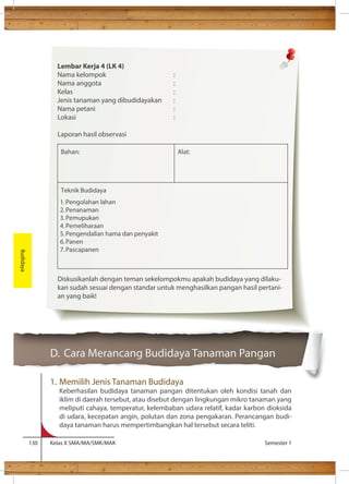 Bahan: 
Alat: 
Teknik Budidaya 
1. Pengolahan lahan 
2. Penanaman 
3. Pemupukan 
4. Pemeliharaan 
5. Pengendalian hama dan penyakit 
6. Panen 
7. Pascapanen 
D. Cara Merancang Budidaya Tanaman Pangan 
1. Memilih Jenis Tanaman Budidaya 
Keberhasilan budidaya tanaman pangan ditentukan oleh kondisi tanah dan 
iklim di daerah tersebut, atau disebut dengan lingkungan mikro tanaman yang 
meliputi cahaya, temperatur, kelembaban udara relatif, kadar karbon dioksida 
di udara, kecepatan angin, polutan dan zona pengakaran. Perancangan budi-daya 
tanaman harus mempertimbangkan hal tersebut secara teliti. 
130 Kelas X SMA/MA/SMK/MAK Semester 1 
Budidaya 
Lembar Kerja 4 (LK 4) 
Nama kelompok : 
Nama anggota : 
Kelas : 
Jenis tanaman yang dibudidayakan : 
Nama petani : 
Lokasi : 
Laporan hasil observasi 
Diskusikanlah dengan teman sekelompokmu apakah budidaya yang dilaku-kan 
sudah sesuai dengan standar untuk menghasilkan pangan hasil pertani-an 
yang baik! 
 