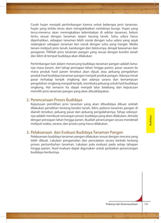 Curah hujan menjadi pertimbangan karena untuk beberapa jenis tanaman, 
hujan yang terlalu keras akan mengakibatkan rontoknya bunga. Hujan yang 
terus-menerus akan meningkatkan kelembaban di sekitar tanaman, belum 
tentu sesuai dengan tanaman seperi kacang tanah. Suhu udara harus 
diperhatikan, sebagian tanaman lebih cocok dengan suhu udara yang sejuk 
sedangkan sebagian tanaman lain cocok dengan suhu yang hangat. Media 
tanam meliputi jenis tanah, kandungan dan teksturnya, derajat keasaman dan 
pengairan. Pilihlah jenis tanaman pangan yang sesuai dengan kondisi tanah 
dan iklim di tempat budidaya akan dilakukan 
Pertimbangan lain dalam merancang budidaya tanaman pangan adalah lama-nya 
masa tanam, dari tahap persiapan lahan hingga panen, pasar sasaran ke 
mana produk hasil panen tersebut akan dijual, atau peluang pengolahan 
produk hasil budidaya tanaman pangan menjadi produk pangan. Adanya minat 
pasar terhadap keripik singkong dan adanya sarana dan kemampuan 
pengolahan singkong menjadi keripik, membuka peluang untuk hasil budidaya 
singkong. Hal semacm itu dapat menjadi latar belakang dari keputusan 
memilih jenis tanaman pangan yang akan dibudidayakan. 
2. Perencanaan Proses Budidaya 
Keputusan pemilihan jenis tanaman yang akan dibudidaya dibuat setelah 
dilakukan penelitian tentang kondisi tanah, iklim, potensi tanaman pangan di 
daerah tersebut, peluang pasar dan peluang pengolahannya. Tahap selanjut-nya 
adalah membuat rancangan proses budidaya yang akan dilakukan, dimulai 
dengan persiapan lahan hingga panen. Buatlah perancangan secara mendetail 
meliputi waktu, sarana, dan proses yang harus dilakukan. 
3. Pelaksanaan dan Evaluasi Budidaya Tanaman Pangan 
Pelaksanaan budidaya tanaman pangan dilakukan sesuai dengan rencana yang 
telah dibuat. Lakukan pengamatan dan pencatatan secara berkala tentang 
proses pertumbuhan tanaman. Lakukan pula evaluasi pada setiap tahapan 
hingga panen. Hasil evaluasi dapat digunakan untuk perbaikan perancangan 
budidaya berikutnya. 
Prakarya dan Kewirausahaan 131 
Budidaya 
 