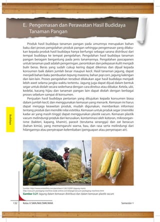 E. Pengemasan dan Perawatan Hasil Budidaya 
Tanaman Pangan 
Produk hasil budidaya tanaman pangan pada umumnya merupakan bahan 
baku dari proses pengolahan produk pangan sehingga pengemasan yang dilaku-kan 
kepada produk hasil budidaya hanya berfungsi sebagai sarana distribusi dari 
tempat budidaya ke tempat pengolahan. Pengolahan hasil budidaya tanaman 
pangan beragam bergantung pada jenis tanamannya. Pengolahan pascapanen 
untuk tanaman padi adalah pengeringan, perontokan dan pelepasan kulit menjadi 
bulir beras. Beras yang sudah cukup kering dapat dikemas dan dijual kepada 
konsumen baik dalam jumlah besar maupun kecil. Hasil tanaman jagung, dapat 
menjadi bahan baku pembuatan tepung maizena, bahan pop corn, jagung kalengan 
dan lain-lain. Proses pengolahan tersebut dilakukan agar hasil budidaya menjadi 
lebih awet selama jangka waktu tertentu. Jagung juga dapat dijual dalam bentuk 
segar untuk diolah secara sederhana dengan cara direbus atau dibakar. Ketela, ubi, 
kedelai, kacang hijau dan tanaman pangan lain dapat diolah dengan berbagai 
proses sebelum sampai di konsumen. 
Penjualan hasil budidaya pertanian yang ditujukan kepada konsumen biasa 
dalam jumlah kecil, dan menggunakan kemasan yang menarik. Kemasan ini harus 
dapat menjaga keawetan produk, mudah digunakan, memberikan informasi 
tentang produk dan memiliki nilai estetika. Kemasan untuk produk segar (memiliki 
kadar air yang masih tinggi) dapat menggunakan plastik vacum. Kemasan plastik 
vacum melindungi produk dari kerusakan, kontaminasi oleh kotoran, mikroorgan-isme 
(bakteri, kapang, khamir), parasit (terutama serangga) dan zat beracun 
(bahan kimia), yang memengaruhi warna, bau, dan rasa serta melindungi dari 
hilangannya atau penyerapan kelembaban (penguapan atau penyerapan air). 
132 Kelas X SMA/MA/SMK/MAK Semester 1 
Budidaya 
Sumber: http://www.antarafoto.com/peristiwa/v1263192001/jagung-manis 
http://vacuum-packaging-machine.ready-online.com/id/page/vacuum-packaging-machines.html 
Gambar 3.21 Jagung dalam kemasan distribusi dan dalam kemasan plastik vacum 
 