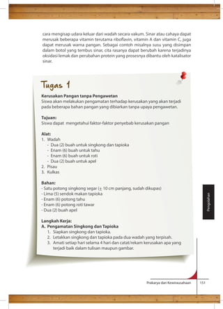 cara mengisap udara keluar dari wadah secara vakum. Sinar atau cahaya dapat 
merusak beberapa vitamin terutama riboavin, vitamin A dan vitamin C, juga 
dapat merusak warna pangan. Sebagai contoh misalnya susu yang disimpan 
dalam botol yang tembus sinar, cita rasanya dapat berubah karena terjadinya 
oksidasi lemak dan perubahan protein yang prosesnya dibantu oleh katalisator 
sinar. 
Prakarya dan Kewirausahaan 151 
Pengolahan 
Tugas 1 
Kerusakan Pangan tanpa Pengawetan 
Siswa akan melakukan pengamatan terhadap kerusakan yang akan terjadi 
pada beberapa bahan pangan yang dibiarkan tanpa upaya pengawetan. 
Tujuan: 
Siswa dapat mengetahui faktor-faktor penyebab kerusakan pangan 
Alat: 
1. Wadah 
- Dua (2) buah untuk singkong dan tapioka 
- Enam (6) buah untuk tahu 
- Enam (6) buah untuk roti 
- Dua (2) buah untuk apel 
2. Pisau 
3. Kulkas 
Bahan: 
- Satu potong singkong segar (+ _ 
10 cm panjang, sudah dikupas) 
- Lima (5) sendok makan tapioka 
- Enam (6) potong tahu 
- Enam (6) potong roti tawar 
- Dua (2) buah apel 
Langkah Kerja: 
A. Pengamatan Singkong dan Tapioka 
1. Siapkan singkong dan tapioka. 
2. Letakkan singkong dan tapioka pada dua wadah yang terpisah. 
3. Amati setiap hari selama 4 hari dan catat/rekam kerusakan apa yang 
terjadi baik dalam tulisan maupun gambar. 
 