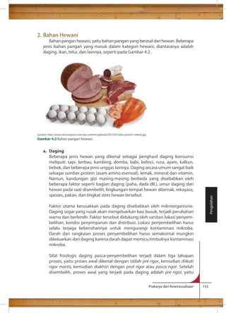 Prakarya dan Kewirausahaan 155 
2. Bahan Hewani 
Bahan pangan hewani, yaitu bahan pangan yang berasal dari hewan. Beberapa 
jenis bahan pangan yang masuk dalam kategori hewani, diantaranya adalah 
daging, ikan, telur, dan lainnya, seperti pada Gambar 4.2. 
a. Daging 
Beberapa jenis hewan yang dikenal sebagai penghasil daging konsumsi 
meliputi: sapi, kerbau, kambing, domba, babi, kelinci, rusa, ayam, kalkun, 
bebek, dan beberapa jenis unggas lainnya. Daging secara umum sangat baik 
sebagai sumber protein (asam amino esensial), lemak, mineral dan vitamin. 
Namun, kandungan gizi masing-masing berbeda yang disebabkan oleh 
beberapa faktor seperti bagian daging (paha, dada dll.), umur daging dari 
hewan pada saat disembelih, lingkungan tempat hewan diternak, rekayasa, 
spesies, pakan, dan tingkat stres hewan tersebut. 
Faktor utama kerusakkan pada daging disebabkan oleh mikroorganisme. 
Daging segar yang rusak akan mengeluarkan bau busuk, terjadi perubahan 
warna dan berlendir. Faktor tersebut didukung oleh sanitasi lokasi penyem-belihan, 
kondisi penyimpanan dan distribusi. Lokasi penyembelihan harus 
selalu terjaga kebersihannya untuk mengurangi kontaminasi mikroba. 
Darah dari rangkaian proses penyembelihan harus semaksimal mungkin 
dikeluarkan dari daging karena darah dapat memicu timbulnya kontaminasi 
mikroba. 
Sifat siologis daging pasca-penyembelihan terjadi dalam tiga tahapan 
proses, yaitu proses awal dikenal dengan istilah pre rigor, kemudian diikuti 
rigor mortis, kemudian diakhiri dengan post rigor atau pasca rigor. Setelah 
disembelih, proses awal yang terjadi pada daging adalah pre rigor, yaitu 
Pengolahan 
Sumber: http://www.necturajuice.com/wp-content/uploads/2013/05/siber-protein-nabati.jpg 
Gambar 4.2 Bahan pangan hewani 
 