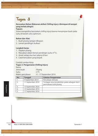 -40C. 
162 Kelas X SMA/MA/SMK/MAK Semester 1 
Pengolahan 
Tugas 3 
Kerusakan Bahan Makanan akibat Chilling Injury (disimpan di tempat 
yang terlalu dingin) 
Tujuan: 
Siswa mengetahui kerusakan chilling injury karena menyimpan buah pada 
suhu di bawah suhu optimum. 
Bahan dan Alat: 
1. Buah pisang (jangan dikupas) 
2. Lemari pendingin (kulkas) 
Langkah kerja: 
1. Siapkan pisang. 
2. Masukkan dalam lemari pendingin (suhu 4 C). 
3. Amati setiap dua hari selama 8 hari. 
4. Catat kerusakan yang terjadi. 
Contoh Lembar Kerja 
Tugas 3. Pengamatan Chilling Injury 
Nama : 
Jenis buah : Pisang 
Suhu : 4 C 
Waktu percobaan : 9 – 17 September 2014 
No. Tanggal Catatan Pengamatan 
1. 9 September 2014 Percobaan dimulai 
2. 11 September 2014 Terdapat area kecokelatan pada sebagian kecil 
permukaan kulit pisang 
3. 13 September 2014 
4. 15 September 2014 
5. 17 September 2014 
 
