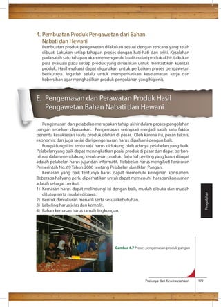 Prakarya dan Kewirausahaan 171 
4. Pembuatan Produk Pengawetan dari Bahan 
Nabati dan Hewani 
Pembuatan produk pengawetan dilakukan sesuai dengan rencana yang telah 
dibuat. Lakukan setiap tahapan proses dengan hati-hati dan teliti. Kesalahan 
pada salah satu tahapan akan memengaruhi kualitas dari produk akhir. Lakukan 
pula evaluasi pada setiap produk yang dihasilkan untuk memastikan kualitas 
produk. Hasil evaluasi dapat digunakan untuk perbaikan proses pengawetan 
berikutnya. Ingatlah selalu untuk memperhatikan keselamatan kerja dan 
kebersihan agar menghasilkan produk pengolahan yang higienis. 
E. Pengemasan dan Perawatan Produk Hasil 
Pengawetan Bahan Nabati dan Hewani 
Pengemasan dan pelabelan merupakan tahap akhir dalam proses pengolahan 
pangan sebelum dipasarkan. Pengemasan seringkali menjadi salah satu faktor 
penentu kesuksesan suatu produk olahan di pasar. Oleh karena itu, peran teknis, 
ekonomis, dan juga sosial dari pengemasan harus dipahami dengan baik. 
Fungsi-fungsi ini tentu saja harus didukung oleh adanya pelabelan yang baik. 
Pelabelan yang baik dapat meningkatkan posisi produk di pasar dan dapat berkon-tribusi 
dalam mendukung kesuksesan produk. Satu hal penting yang harus diingat 
adalah pelabelan harus jujur dan informatif. Pelabelan harus mengikuti Peraturan 
Pemerintah No. 69 Tahun 2000 tentang Pelabelan dan Iklan Pangan. 
Kemasan yang baik tentunya harus dapat memenuhi keinginan konsumen. 
Beberapa hal yang perlu diperhatikan untuk dapat memenuhi harapan konsumen 
adalah sebagai berikut. 
1) Kemasan harus dapat melindungi isi dengan baik, mudah dibuka dan mudah 
ditutup serta mudah dibawa. 
2) Bentuk dan ukuran menarik serta sesuai kebutuhan. 
3) Labeling harus jelas dan komplit. 
4) Bahan kemasan harus ramah lingkungan. 
Pengolahan 
Gambar 4.7 Proses pengemasan produk pangan 
 