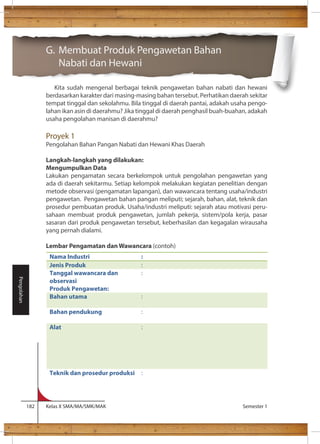 G. Membuat Produk Pengawetan Bahan 
Nabati dan Hewani 
Kita sudah mengenal berbagai teknik pengawetan bahan nabati dan hewani 
berdasarkan karakter dari masing-masing bahan tersebut. Perhatikan daerah sekitar 
tempat tinggal dan sekolahmu. Bila tinggal di daerah pantai, adakah usaha pengo-lahan 
ikan asin di daerahmu? Jika tinggal di daerah penghasil buah-buahan, adakah 
usaha pengolahan manisan di daerahmu? 
Proyek 1 
Pengolahan Bahan Pangan Nabati dan Hewani Khas Daerah 
Langkah-langkah yang dilakukan: 
Mengumpulkan Data 
Lakukan pengamatan secara berkelompok untuk pengolahan pengawetan yang 
ada di daerah sekitarmu. Setiap kelompok melakukan kegiatan penelitian dengan 
metode observasi (pengamatan lapangan), dan wawancara tentang usaha/industri 
pengawetan. Pengawetan bahan pangan meliputi; sejarah, bahan, alat, teknik dan 
prosedur pembuatan produk. Usaha/industri meliputi: sejarah atau motivasi peru-sahaan 
membuat produk pengawetan, jumlah pekerja, sistem/pola kerja, pasar 
sasaran dari produk pengawetan tersebut, keberhasilan dan kegagalan wirausaha 
yang pernah dialami. 
Lembar Pengamatan dan Wawancara (contoh) 
182 Kelas X SMA/MA/SMK/MAK Semester 1 
Pengolahan 
Nama Industri : 
Jenis Produk : 
Tanggal wawancara dan 
: 
observasi 
Produk Pengawetan: 
Bahan utama : 
Bahan pendukung : 
Alat : 
Teknik dan prosedur produksi : 
 