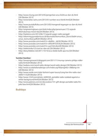 - http://www.miung.com/2013/05/pengertian-arus-listrik-ac-dan-dc.html 
Prakarya dan Kewirausahaan 189 
[28 Oktober 2013] 
- http://www.kelas-sains.com/2013/01/sumber-arus-listrik.html[28 Oktober 
2013] 
- http://www.pustakasika.com/2013/05/mengenal-tegangan-ac-dan-dc.html 
[28 Oktober 2013] 
- http://engineeringtown.com/kids/index.php/penemuan/172-sejarah-ditemukannya- 
mesin-fax[28 Oktober 2013] 
- http://hptekno.com/2013/06/17/sejarah-pager-radio-panggil/ 
- http://elearning.gunadarma.ac.id/docmodul/komunikasi_bisnis/bab4-unsur_ 
unsur_komunikasi.pdf[28 Oktober 2013] 
- http://www.youtube.com/watch?v=s8aWJc-_laI[28 Oktober 2013] 
- http://www.youtube.com/watch?v=oRSU4FnUSrA[28 Oktober 2013] 
- http://www.youtube.com/watch?v=uanYxImJles[28 Oktober 2013] 
- http://elektronika123.com/ac-dan-dc/[28 Oktober 2013] 
- http://diary.febdian.net/2011/10/10/arus-bolak-balik-apa-itu/[28 Oktober 
2013] 
Sumber Gambar: 
- http://ianwongresearch.blogspot.com/2011/11/murray-camens-philips-roller-radio. 
html[28 Oktober 2013] 
- http://walyou.com/word-radio-design/word-radio-design/[28 Oktober 2013] 
- http://www.scuolaitalianadesign.com/index.asp?IDprogetto=38lang=en 
[28 Oktober 2013] 
- http://www.swide.com/style-fashion/super-luxury/Long-live-the-radio-star/ 
2009/11/5[28 Oktober 2013] 
- http://www.123rf.com/photo_6289250_portable-radio-isolated-against-a-white- 
background.html[28 Oktober 2013] 
- http://www.pylones.com/en/decoration/141-gift-design-portable-radio-fm-juke- 
box.html[28 Oktober 2013] 
Budidaya 
 