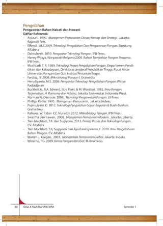Pengolahan 
Pengawetan Bahan Nabati dan Hewani 
Daftar Referensi: 
- Assauri. 1990. Manajemen Pemasaran: Dasar, Konsep dan Strategi. Jakarta: 
Rajawali Pers. 
- Eendi , M.S. 2009. Teknologi Pengolahan Dan Pengawetan Pangan. Bandung: 
Alfabeta 
- Dahrulsyah. 2010. Pengantar Teknologi Pangan. IPB Press. 
- Hanny Wijaya, Noryawati Mulyono.2009. Bahan Tambahan Pangan Pewarna. 
IPB Press 
- Muchtadi, T. R. 1989, Teknologi Proses Pengolahan Pangan, Departemen Pendi-dikan 
dan Kebudayaan, Direktorat Jenderal Pendidikan Tinggi, Pusat Antar 
Universitas Pangan dan Gizi, Institut Pertanian Bogor. 
- Fardiaz, S. 2008. Mikrobiologi Pangan I. Gramedia 
- Herudiyanto, M.S. 2008. Pengantar Teknologi Pengolahan Pangan. Widya 
Padjadjaran 
- Buckle,K.A., R.A. Edward, G.H. Fleet,  M. Wootton. 1985. Ilmu Pangan. 
Terjemahan. H. Purnomo dan Adiono. Jakarta: Universitas Indonesia Press. 
- Norman W. Desrosie. 2008. Teknologi Pengawetan Pangan. UI Press 
- Phillips Kotler. 1995. Manajemen Pemasaran. Jakarta: Indeks. 
- Pujimulyani, D. 2012. Teknologi Pengolahan Sayur-Sayuran  Buah-Buahan. 
Graha Ilmu 
- Rahayu, W. P. dan CC. Nurwitri. 2012. Mikrobiologi Pangan. IPB Press 
- Swastha dan Irawan. 2008. Manajemen Pemasaran Modern. Jakarta : Liberty. 
- Tien Muchtadi, T.R dan Sugiyono. 2013. Prinsip Proses dan Teknologi Pangan. 
CV. AlfaBeta 
- Tien Muchtadi, T.R, Sugiyono dan Ayustaningwarno, F. 2010. Ilmu Pengetahuan 
Bahan Pangan. CV. AlfaBeta 
- Warren J. Keegan. 2003. Manajemen Pemasaran Global. Jakarta: Indeks. 
- Winarno, F.G. 2009. Kimia Pangan dan Gizi. M-Brio Press 
190 Kelas X SMA/MA/SMK/MAK Semester 1 
