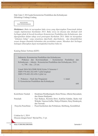 Hak Cipta © 2014 pada Kementerian Pendidikan dan Kebudayaan 
Dilindungi Undang-Undang 
MILIK NEGARA 
TIDAK DIPERDAGANGKAN 
Disklaimer: Buku ini merupakan buku siswa yang dipersiapkan Pemerintah dalam 
rangka implementasi Kurikulum 2013. Buku siswa ini disusun dan ditelaah oleh 
berbagai pihak di bawah koordinasi Kementerian Pendidikan dan Kebudayaan, dan 
dipergunakan dalam tahap awal penerapan Kurikulum 2013. Buku ini merupakan 
“dokumen hidup” yang senantiasa diperbaiki, diperbaharui, dan dimutakhirkan 
sesuai dengan dinamika kebutuhan dan perubahan zaman. Masukan dari berbagai 
kalangan diharapkan dapat meningkatkan kualitas buku ini. 
Katalog Dalam Terbitan (KDT) 
Indonesia. Kementerian Pendidikan dan Kebudayaan. 
Prakarya dan Kewirausahaan / Kementerian Pendidikan dan 
Kebudayaan.—Jakarta : Kementerian Pendidikan dan Kebudayaan, 2014. 
vi, 190. : ilus. ; 25 cm. 
Untuk SMA/MA/SMK/MAK Kelas X Semester 1 
ISBN 978-602-282-449-7 (jilid lengkap) 
ISBN 978-602-282-450-3 (jilid 1a) 
1. Prakarya -- Studi dan Pengajaran I. Judul 
II. Kementerian Pendidikan dan Kebudayaan 
600 
Kontributor Naskah : Hendriana Werdhaningsih, Desta Wirnas, Alberta Haryudanti, 
dan Slamet Budijanto. 
Penelaah : Suci Rahayu, Rozmita Dewi, Kahfiati Kahdar, Djoko Adi 
Widodo, Vanessa Gaffar, Wahyu Prihatini, Heny Hendrayati, 
dan Taswadi. 
Penyelia Penerbitan : Pusat Kurikulum dan Perbukuan, Balitbang, Kemdikbud. 
Cetakan ke-1, 2014 
Disusun dengan huruf Myriad Pro, 11 pt. 
ii Kelas X SMA/MA/SMK/MAK Semester 1 
 