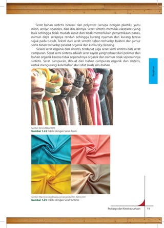 Serat bahan sintetis berasal dari polyester (serupa dengan plastik), yaitu 
nilon, acrilyc, spandex, dan lain-lainnya. Serat sintetis memiliki elastisitas yang 
baik sehingga tidak mudah kusut dan tidak memerlukan penyetrikaan panas, 
namun daya serapnya rendah sehingga kurang nyaman dan kurang terasa 
sejuk pada tubuh. Tekstil dari serat sintetis tahan terhadap bakteri dan jamur 
serta tahan terhadap pelarut organik dan kimia/dry cleaning. 
Selain serat organik dan sintetis, terdapat juga serat semi sintetis dan serat 
campuran. Serat semi sintetis adalah serat rayon yang terbuat dari polimer dari 
bahan organik karena tidak sepenuhnya organik dan namun tidak sepenuhnya 
sintetis. Serat campuran, dibuat dari bahan campuran organik dan sintetis, 
untuk mengurangi kelemahan dari sifat salah satu bahan. 
Prakarya dan Kewirausahaan 19 
Kerajinan 
Sumber: Kemendikbud 2013 
Gambar 1.24 Tekstil dengan Serat Alam 
Sumber: http://www.tradekorea.com/products/shirt_fabric.html 
Gambar 1.25 Tekstil dengan Serat Sintetis 
 
