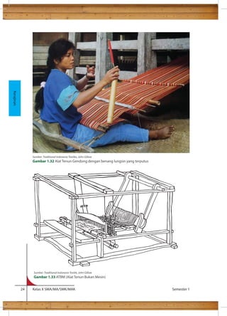 dibuat. 
24 Kelas X SMA/MA/SMK/MAK Semester 1 
Kerajinan 
Sumber: Traditional Indonesia Textiles, John Gillow 
Gambar 1.32 Alat Tenun Gendong dengan benang lungsin yang terputus 
Sumber: Traditional Indonesia Textile, John Gillow 
Gambar 1.33 ATBM (Alat Tenun Bukan Mesin) 
 